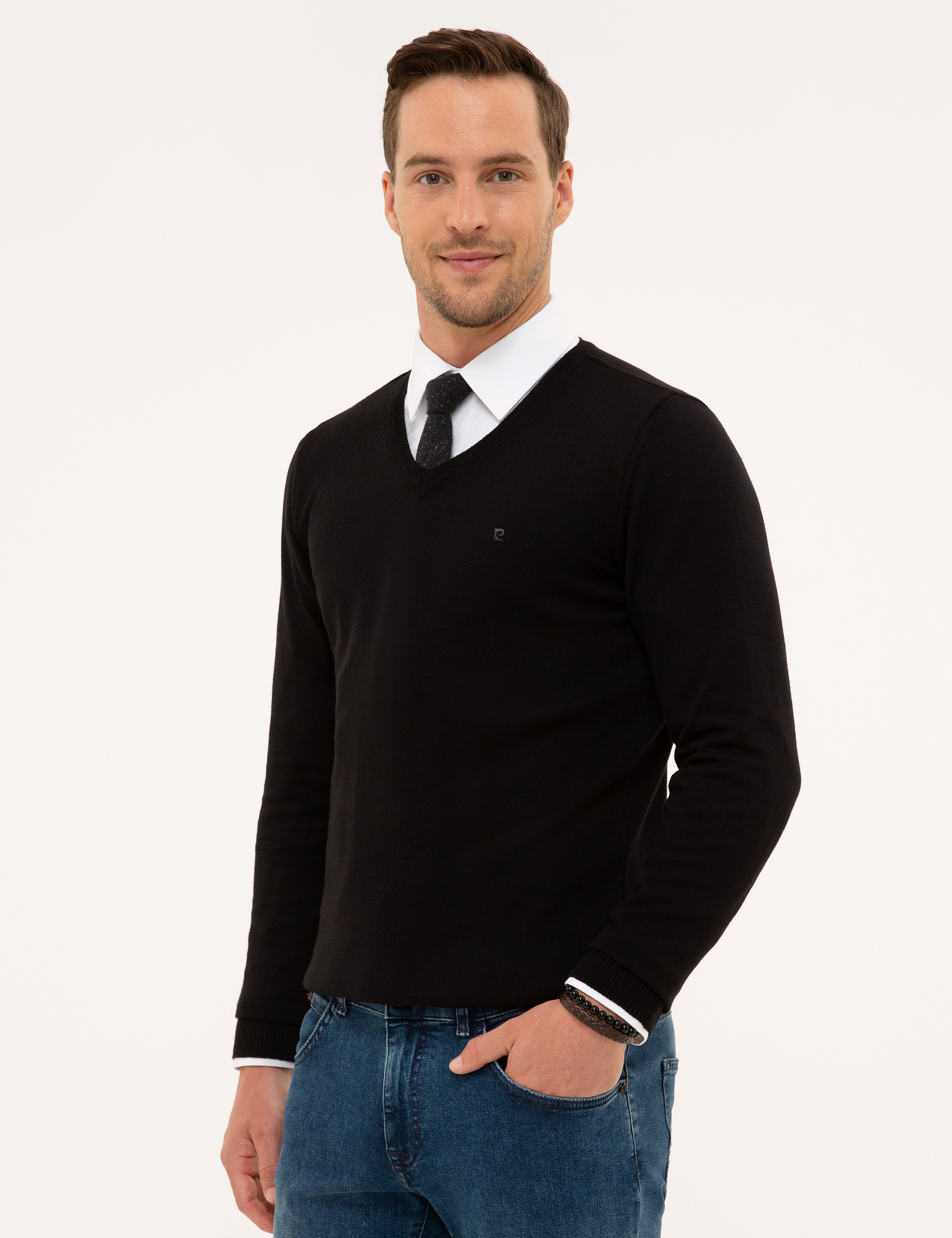 Siyah Slim Fit V Yaka Basic Triko Kazak - Image 3