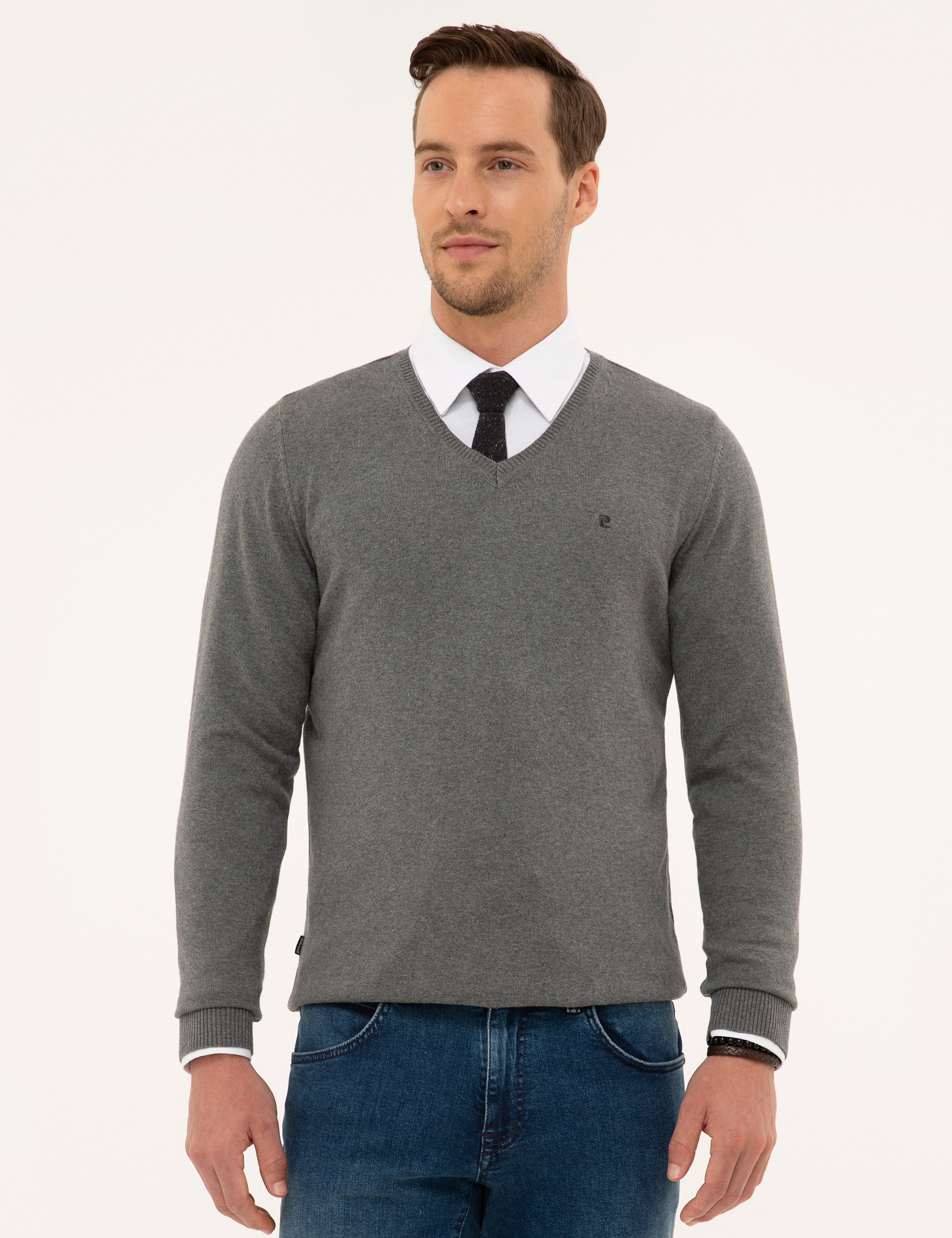 Gri Melanj Slim Fit V Yaka Basic Triko Kazak - Image 1
