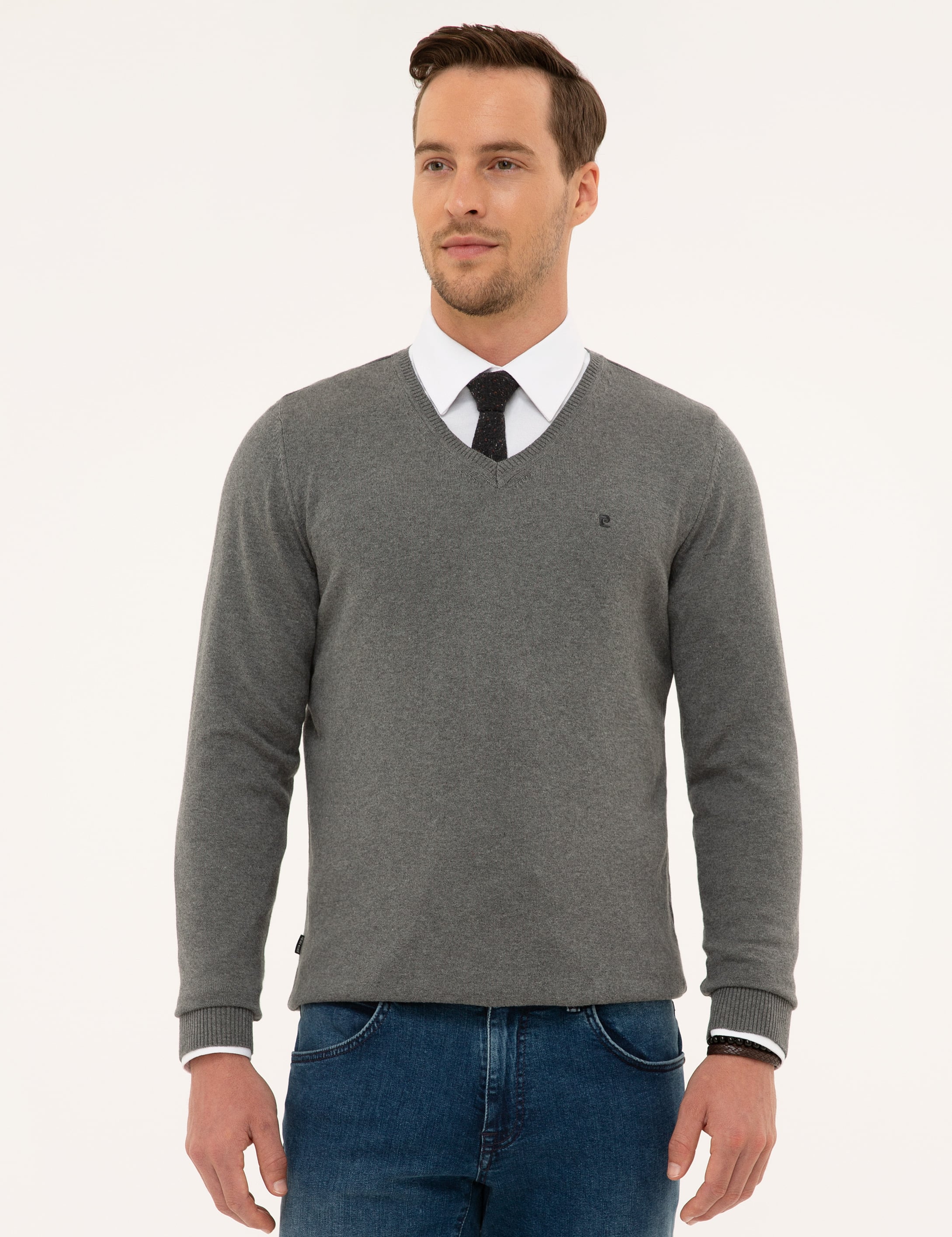 Gri Melanj Slim Fit V Yaka Basic Triko Kazak