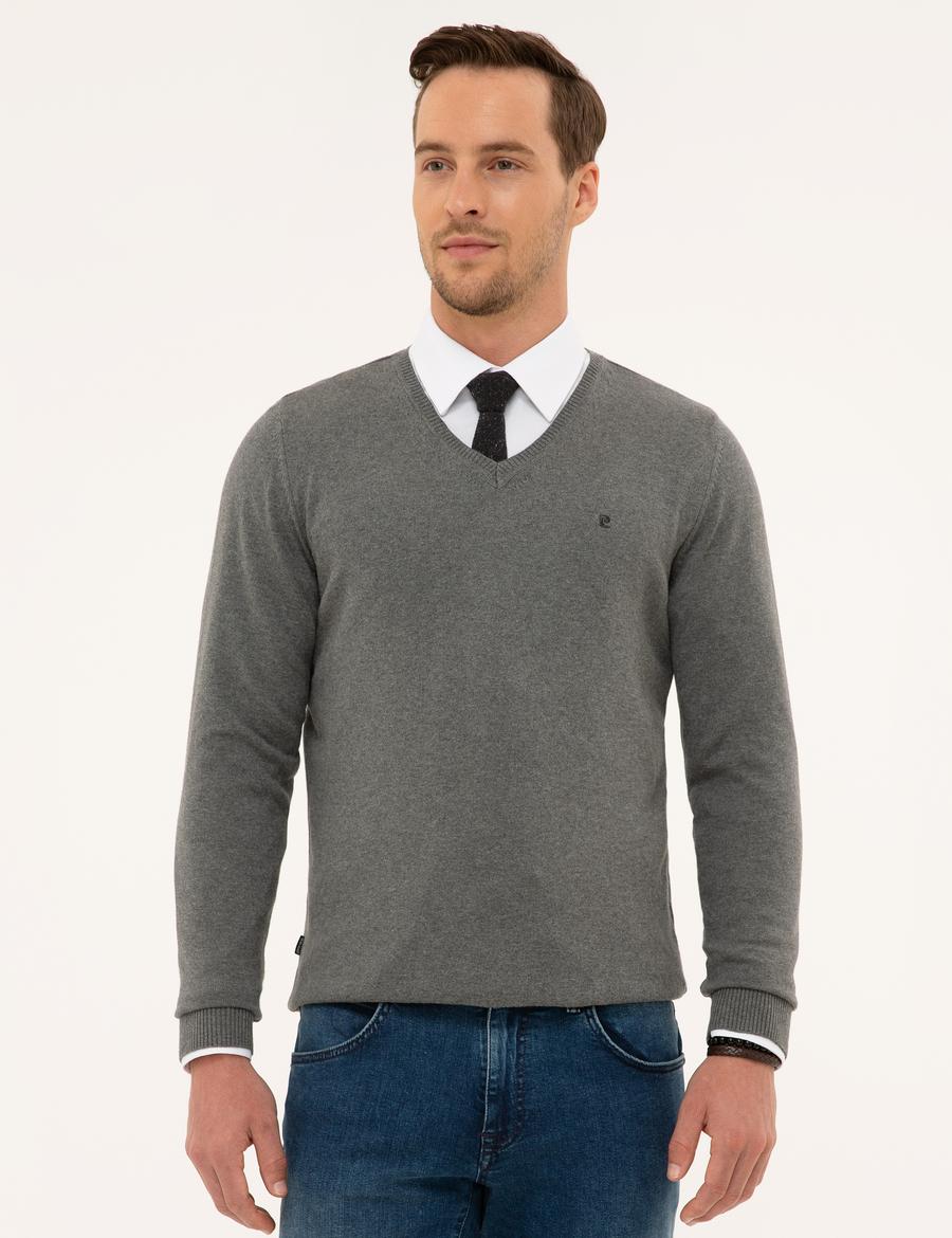 Gri Melanj Slim Fit V Yaka Basic Triko Kazak