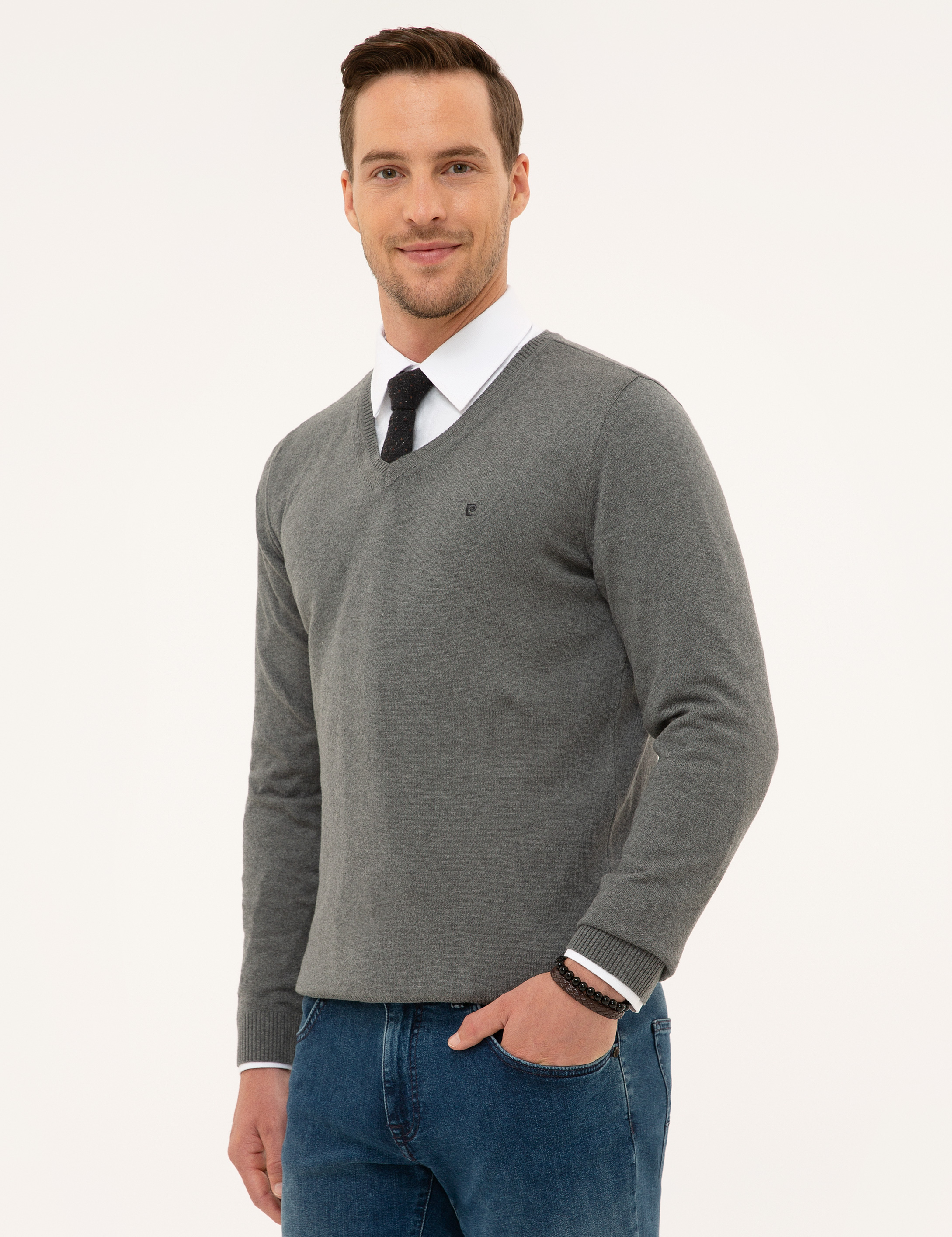 Gri Melanj Slim Fit V Yaka Basic Triko Kazak