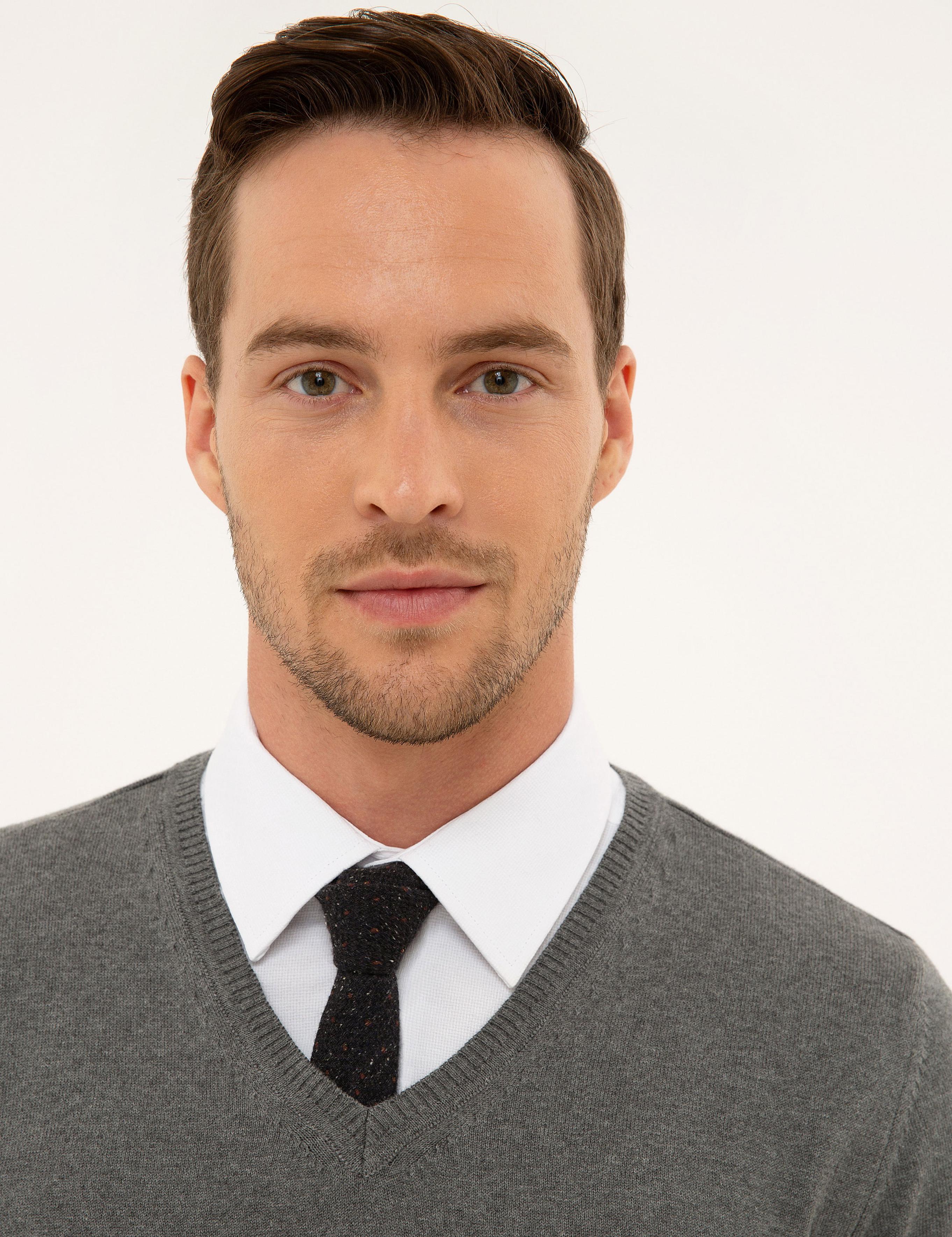 Gri Melanj Slim Fit Basic Triko Kazak