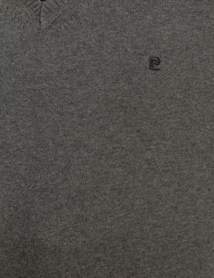 Gri Melanj Slim Fit V Yaka Basic Triko Kazak