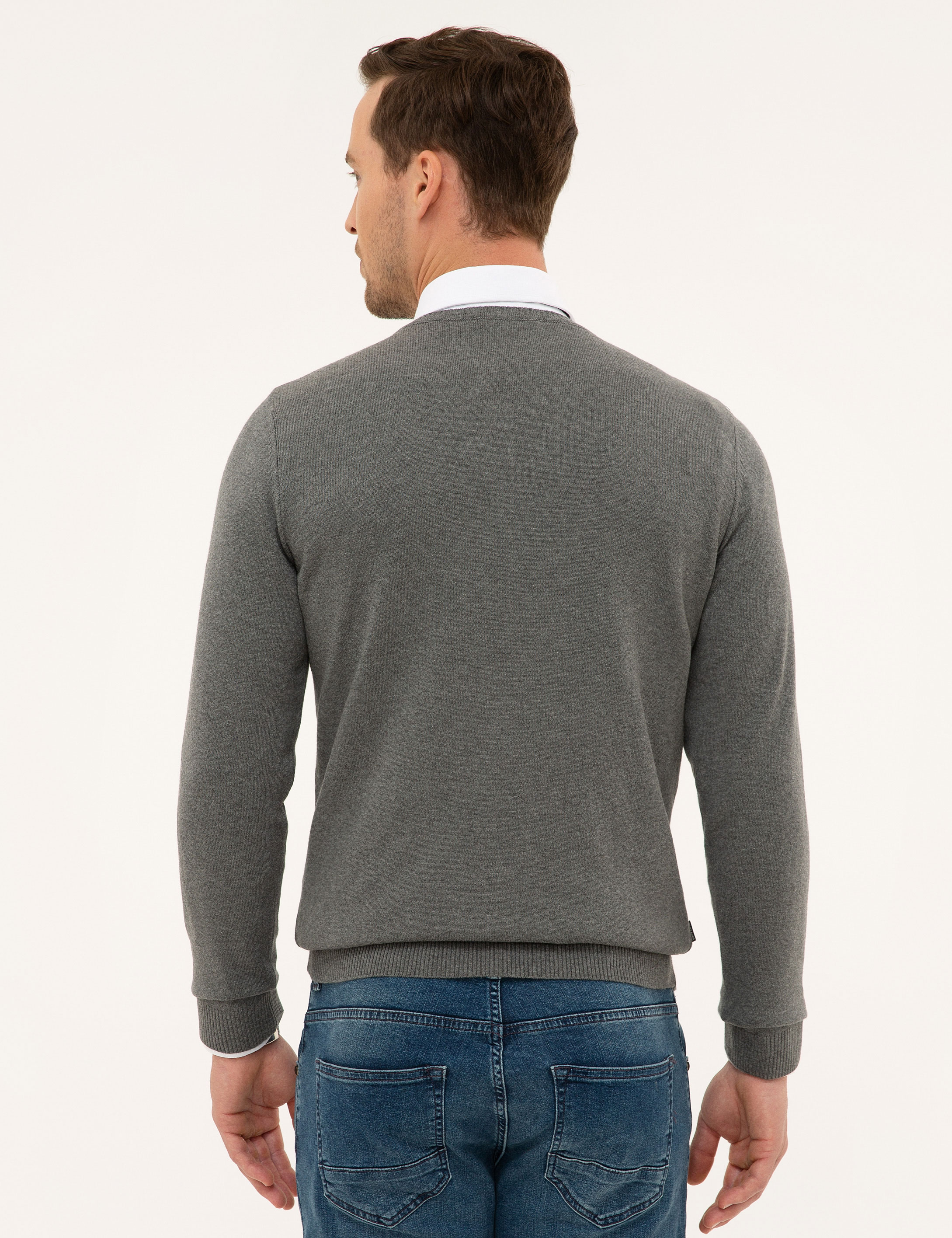 Gri Melanj Slim Fit V Yaka Basic Triko Kazak