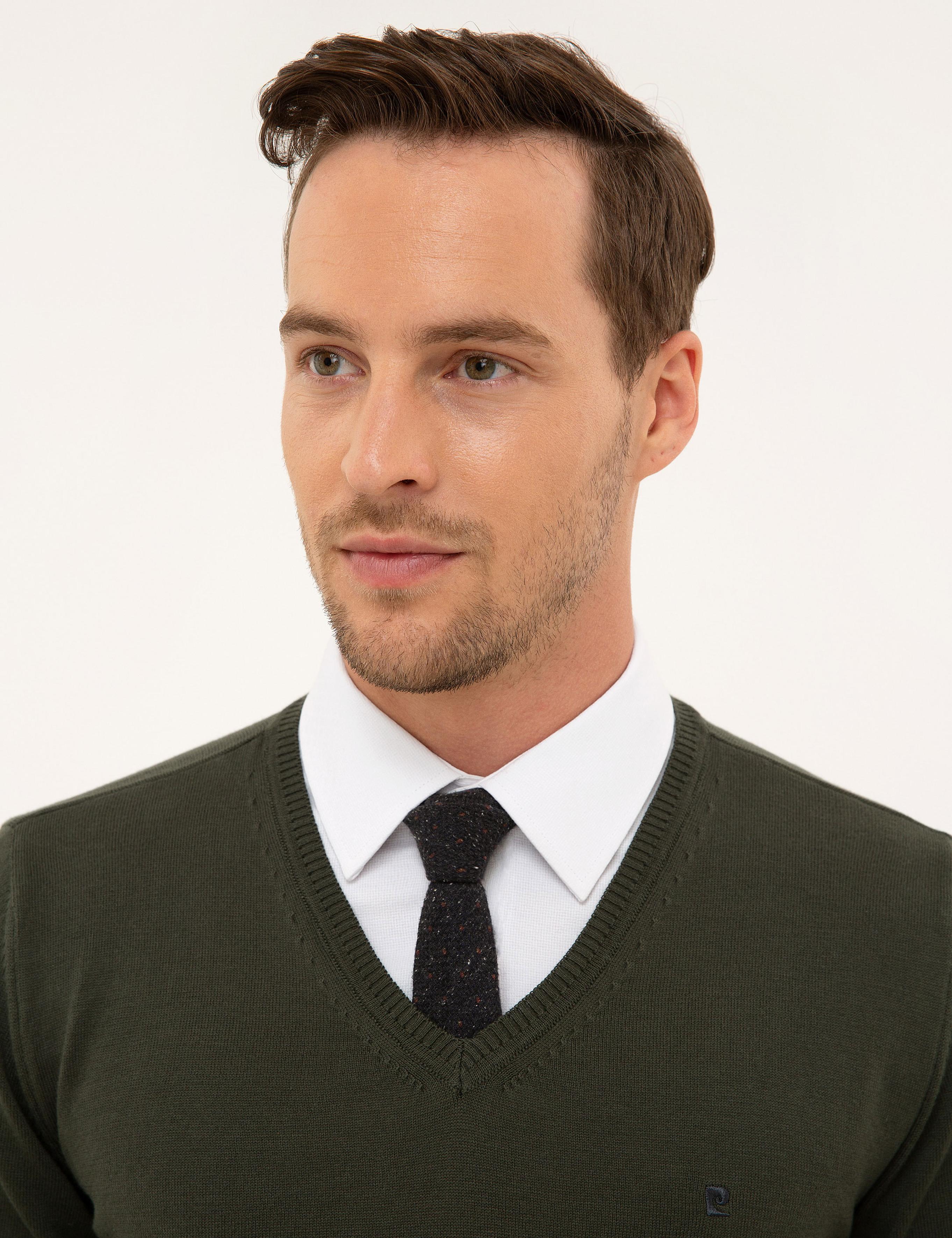 Yeşil Slim Fit V Yaka Basic Triko Kazak