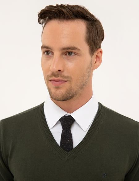 Yeşil Slim Fit V Yaka Basic Triko Kazak - 50230806038