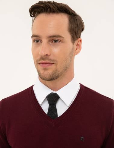 Bordo Slim Fit V Yaka Basic Triko Kazak