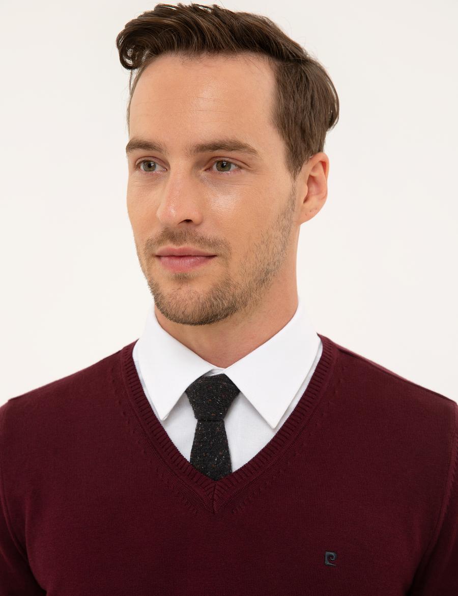 Bordo Slim Fit V Yaka Basic Triko Kazak