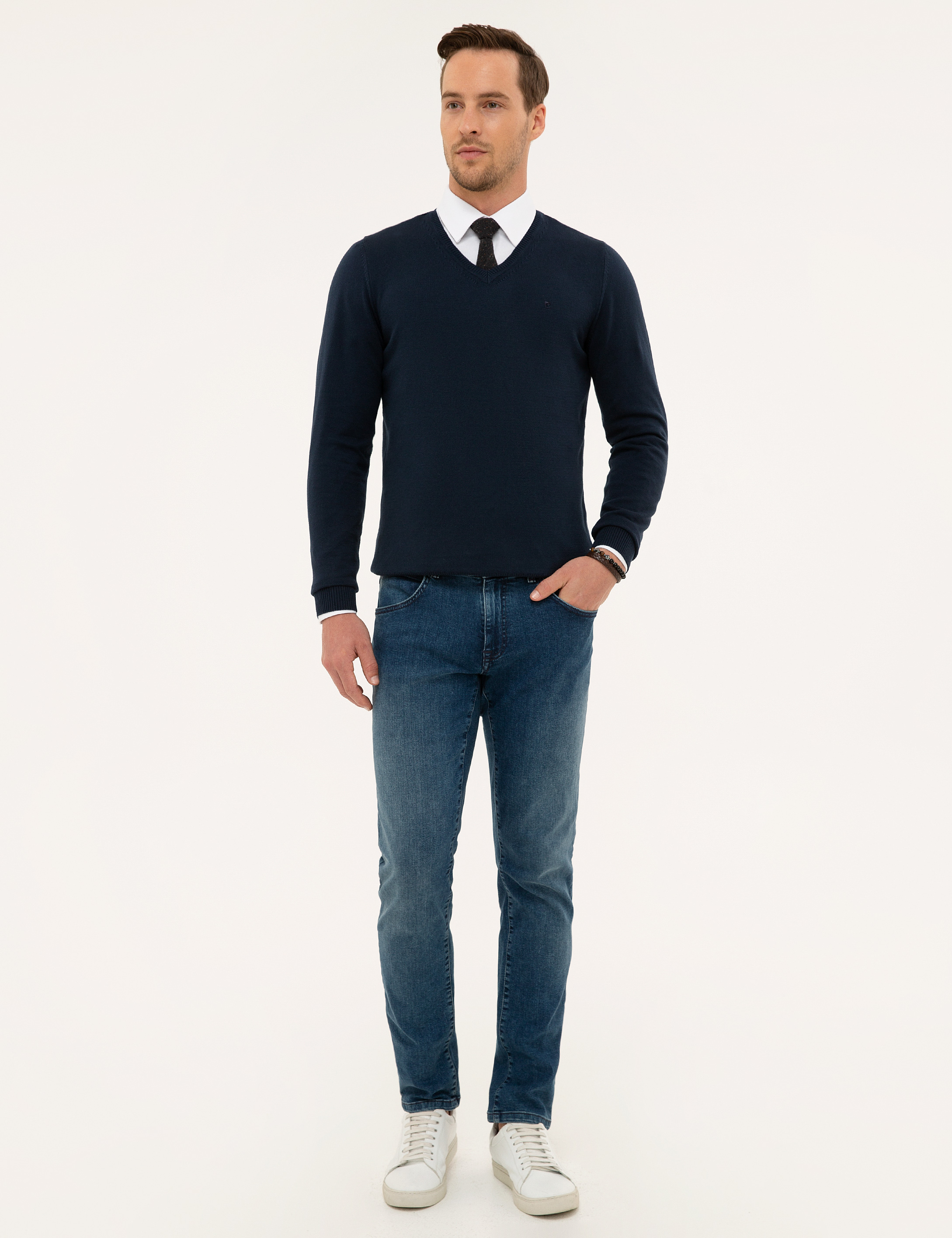 Pierre Cardin Lacivert Slim Fit V Yaka Basic Triko Kazak görsel 5