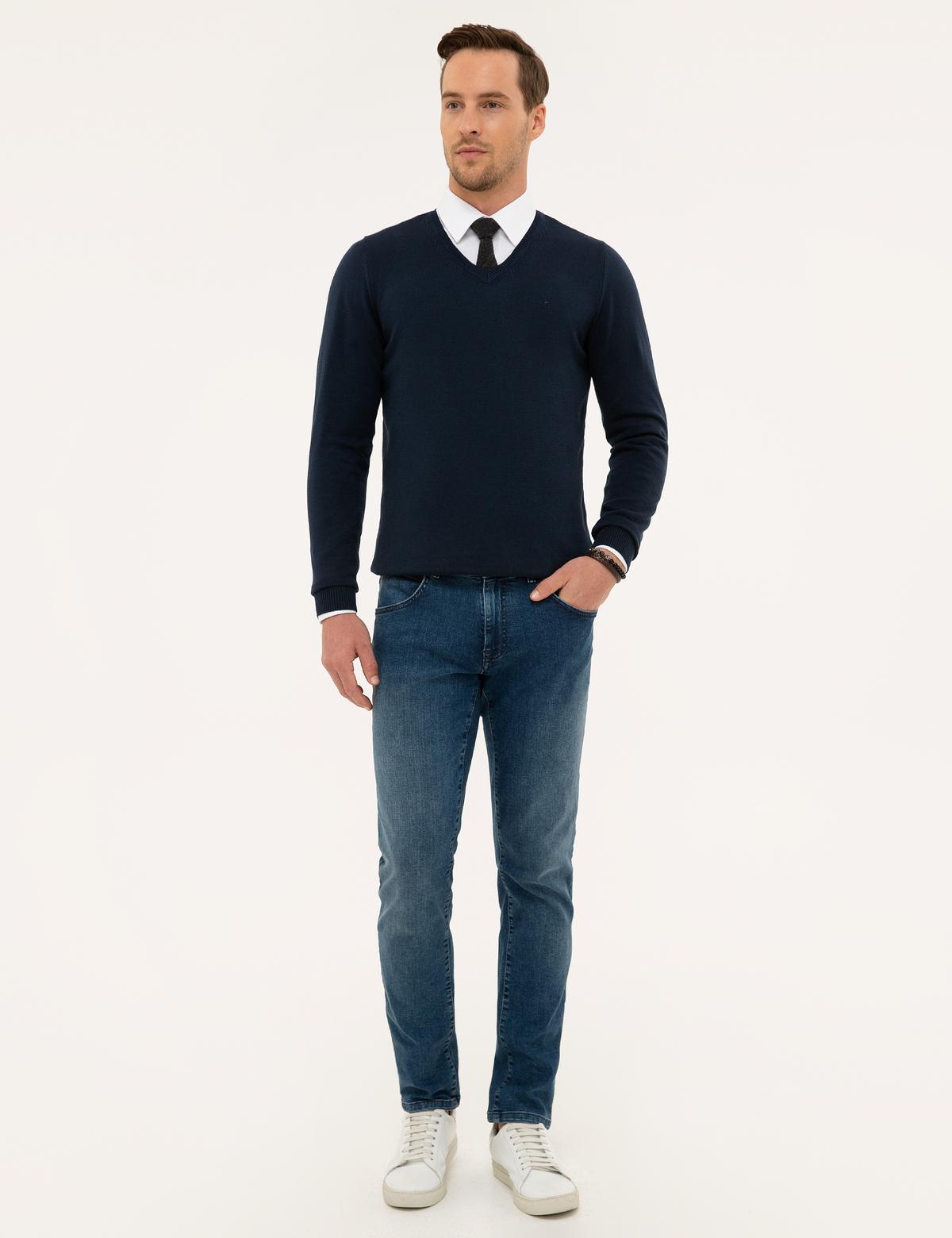 Lacivert Slim Fit V Yaka Basic Triko Kazak - 50230806008