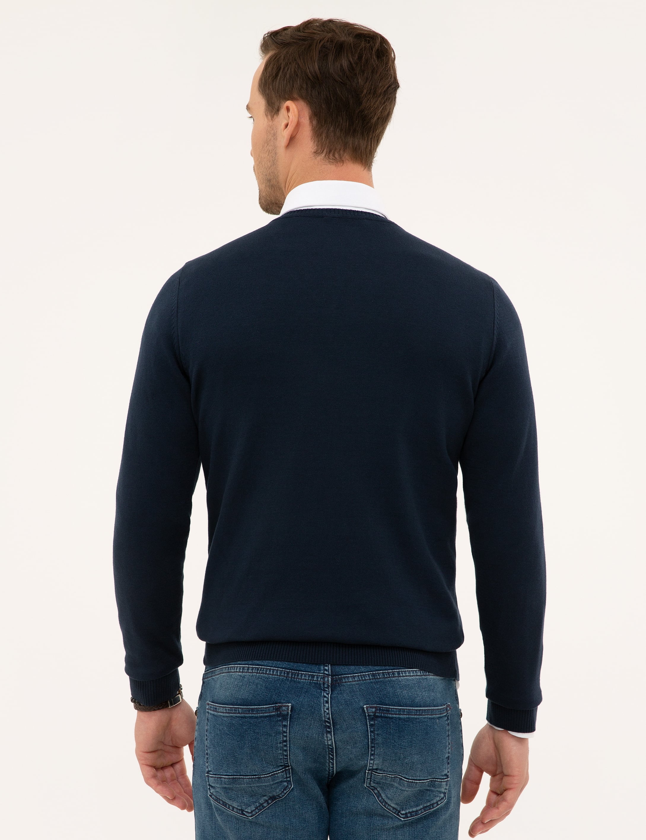 Lacivert Slim Fit V Yaka Basic Triko Kazak