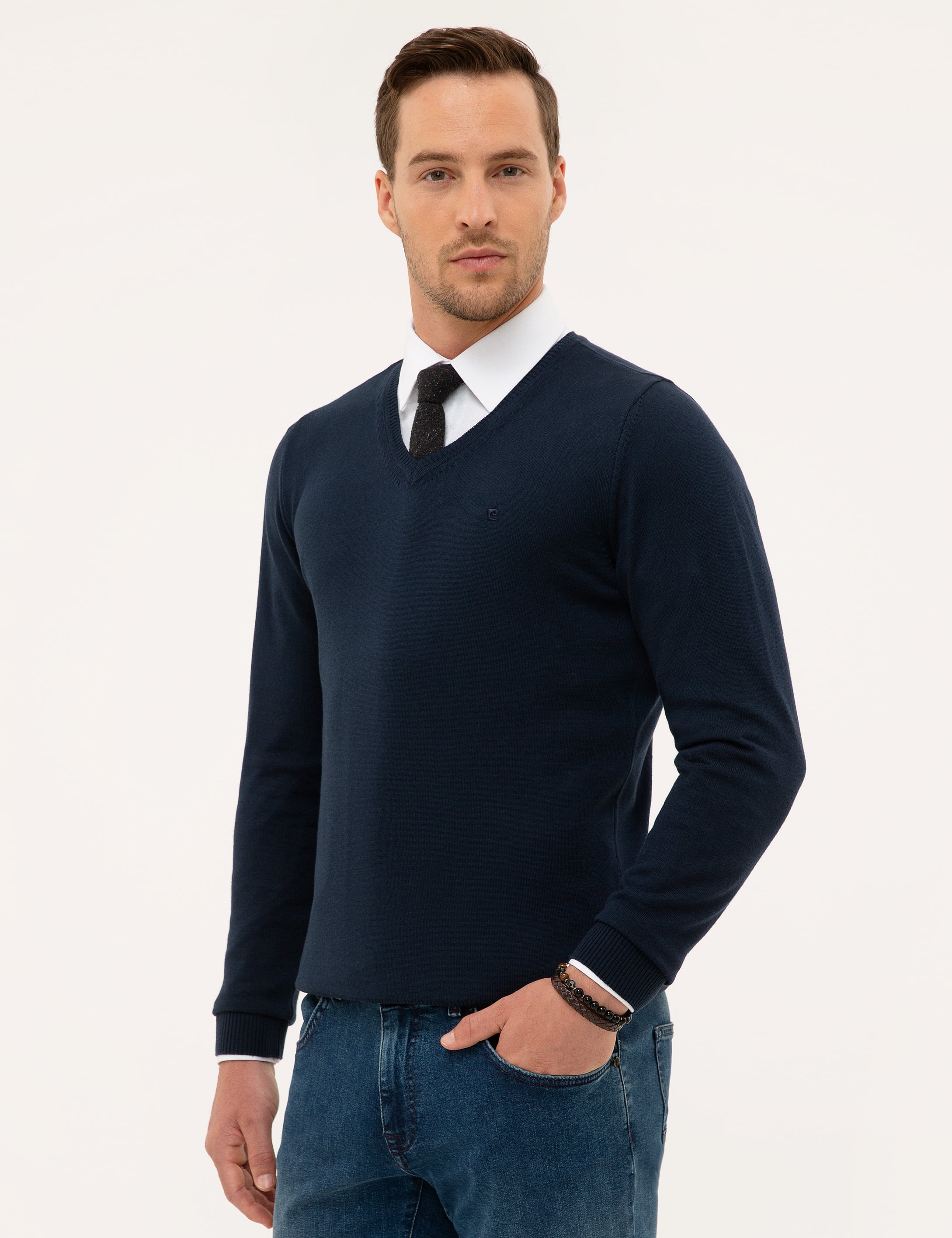 Lacivert Slim Fit V Yaka Basic Triko Kazak