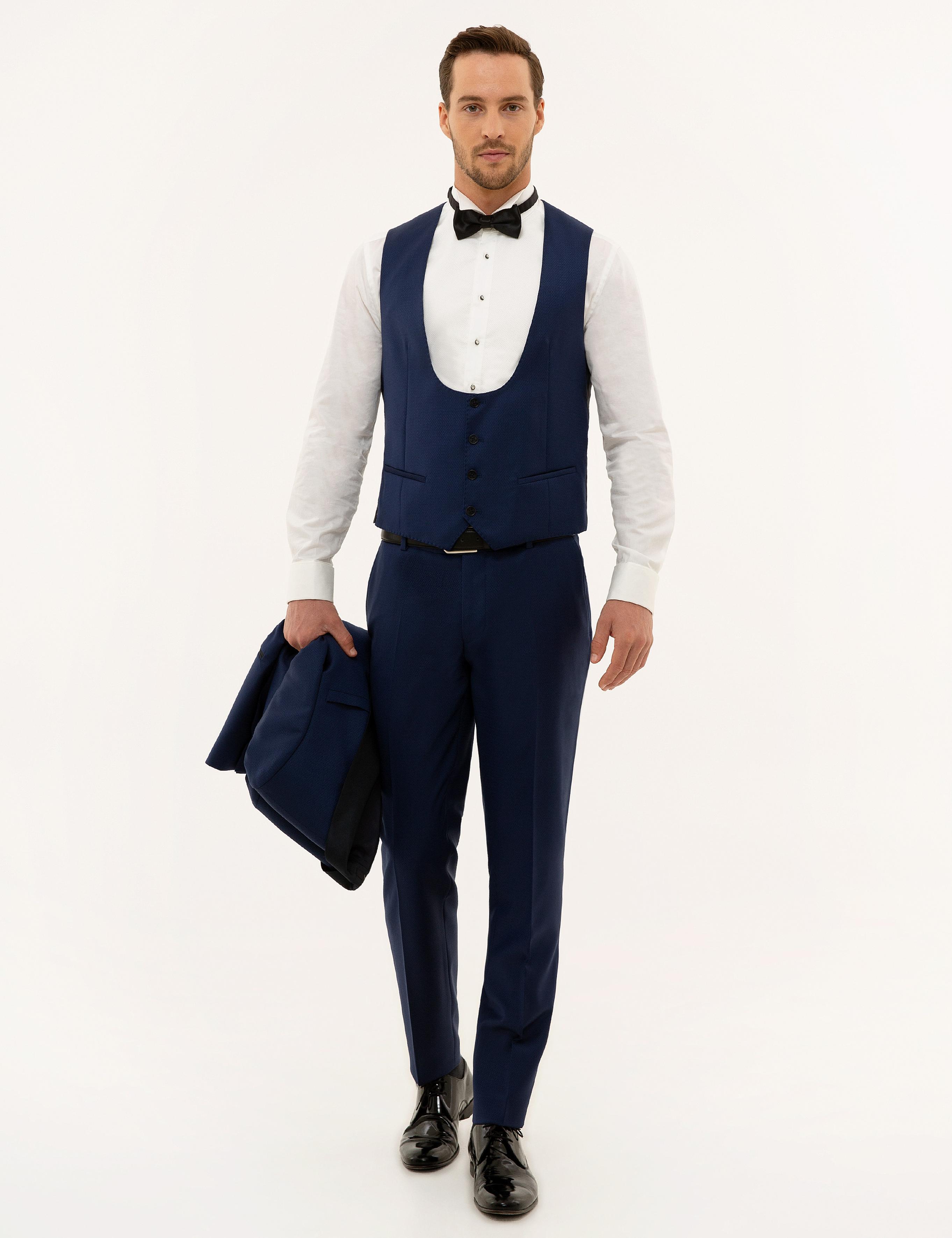 Lacivert Yelekli Ekstra Slim Fit %100 Yün Smokin