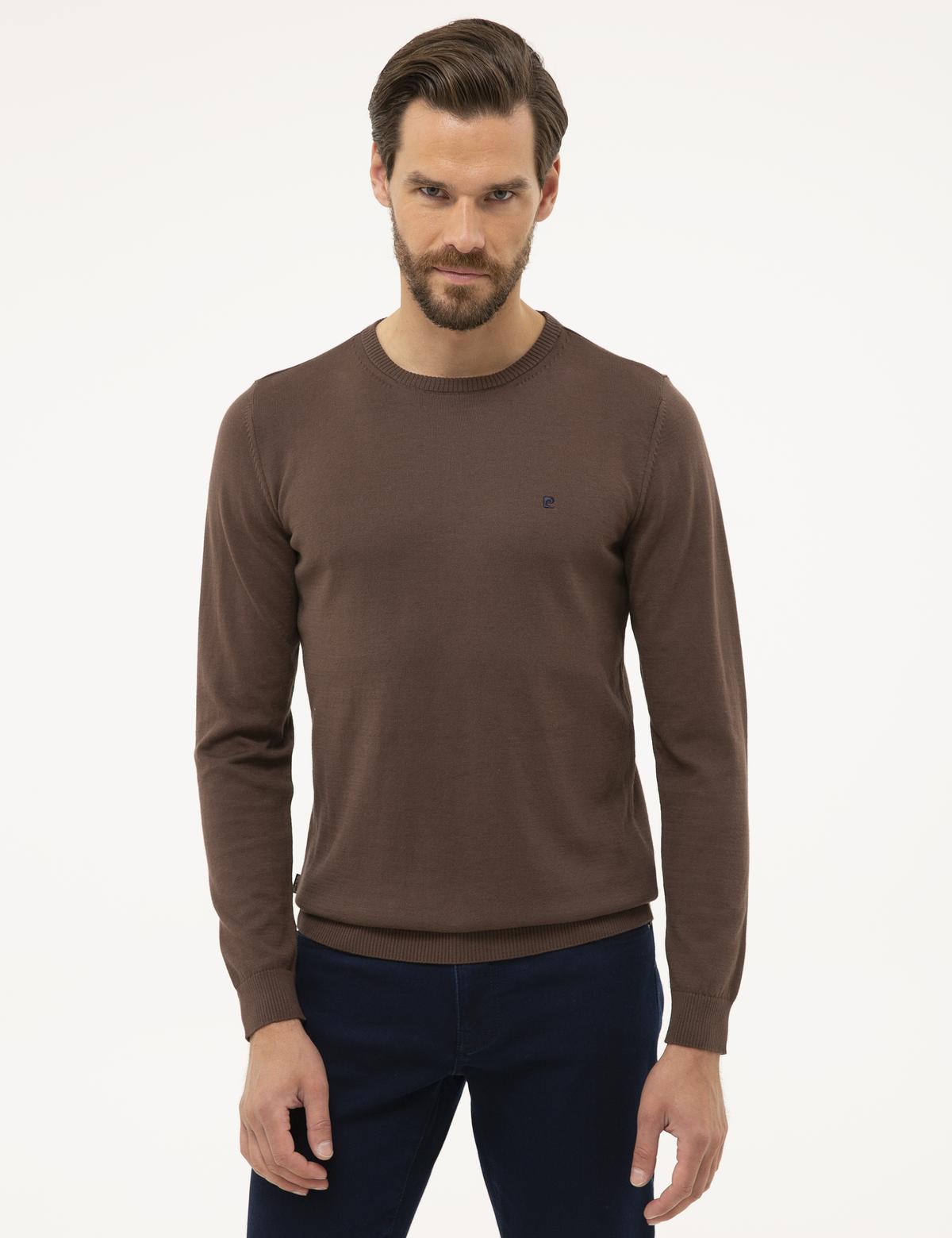 Kahverengi Slim Fit Bisiklet Yaka Basic Triko Kazak