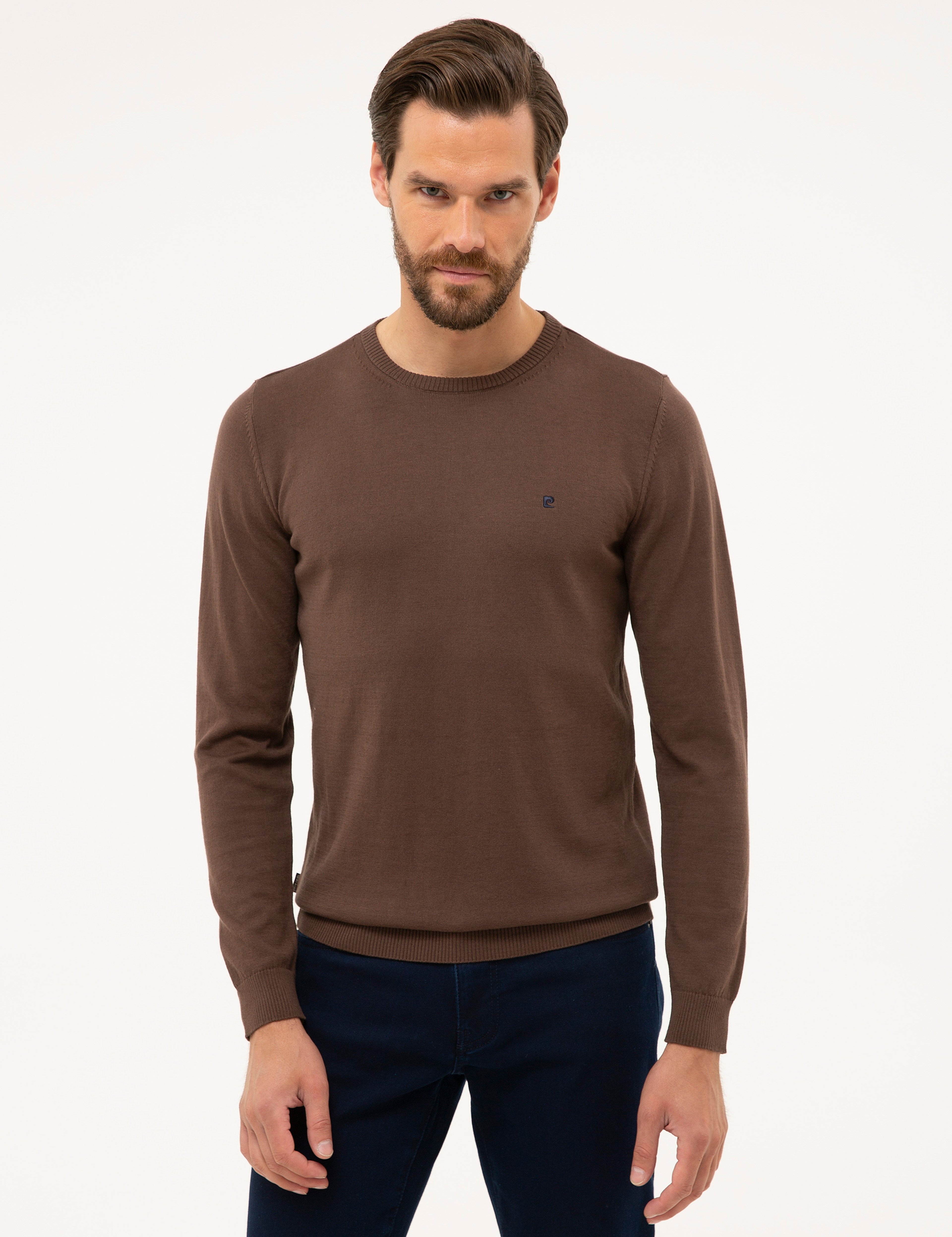 Kahverengi Slim Fit Bisiklet Yaka Basic Triko Kazak - Image 1