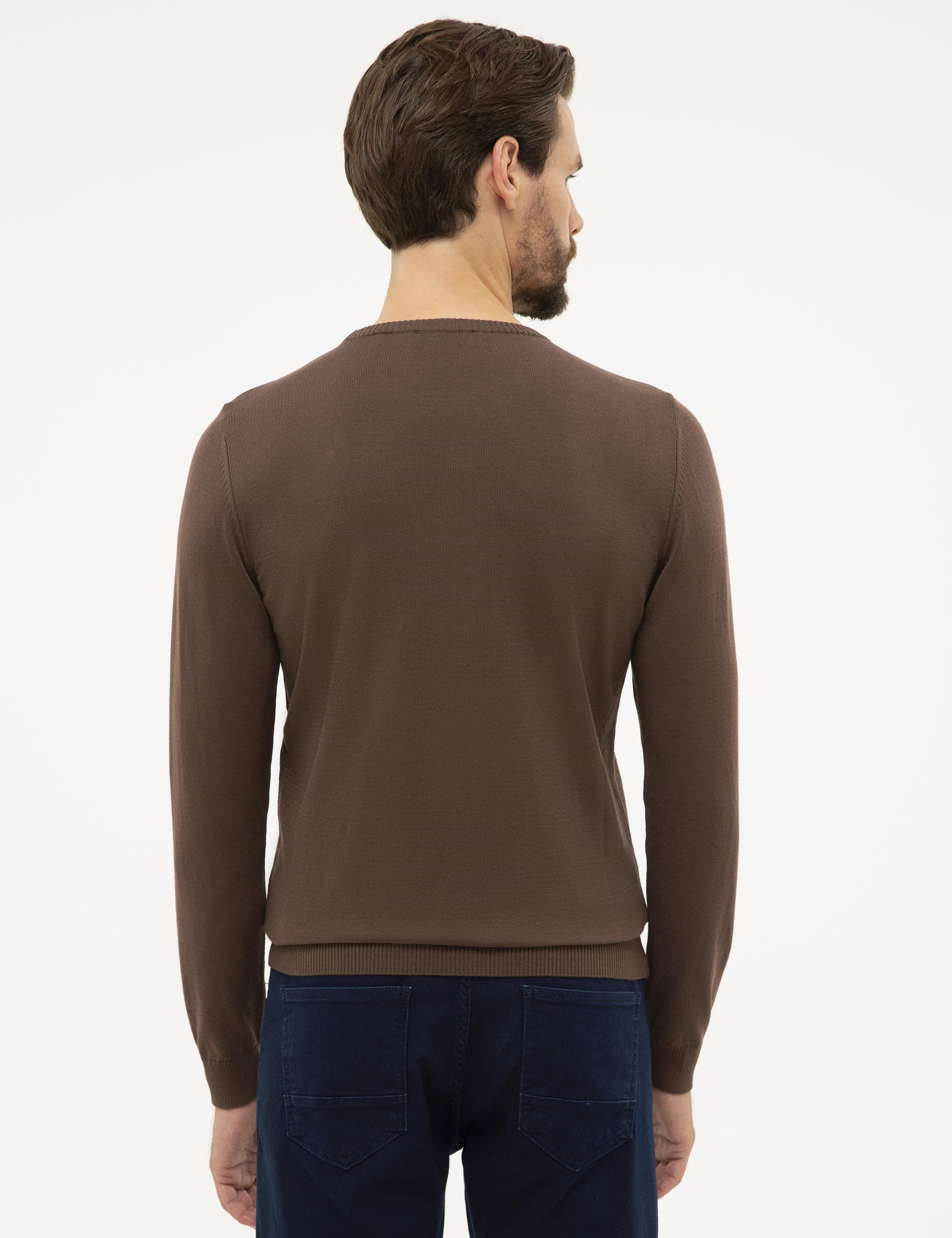 Kahverengi Slim Fit Bisiklet Yaka Basic Triko Kazak