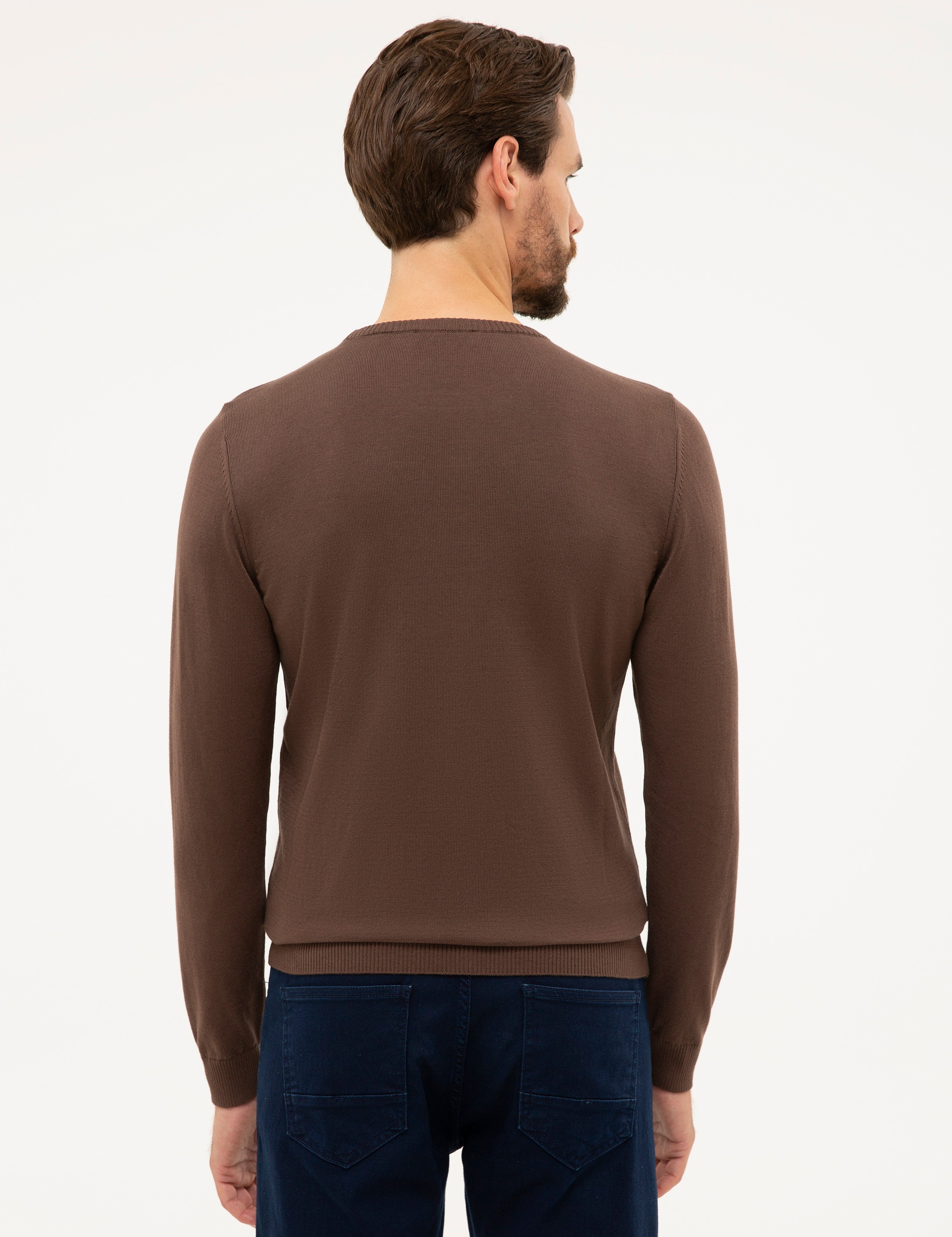 Kahverengi Slim Fit Bisiklet Yaka Basic Triko Kazak - Image 4