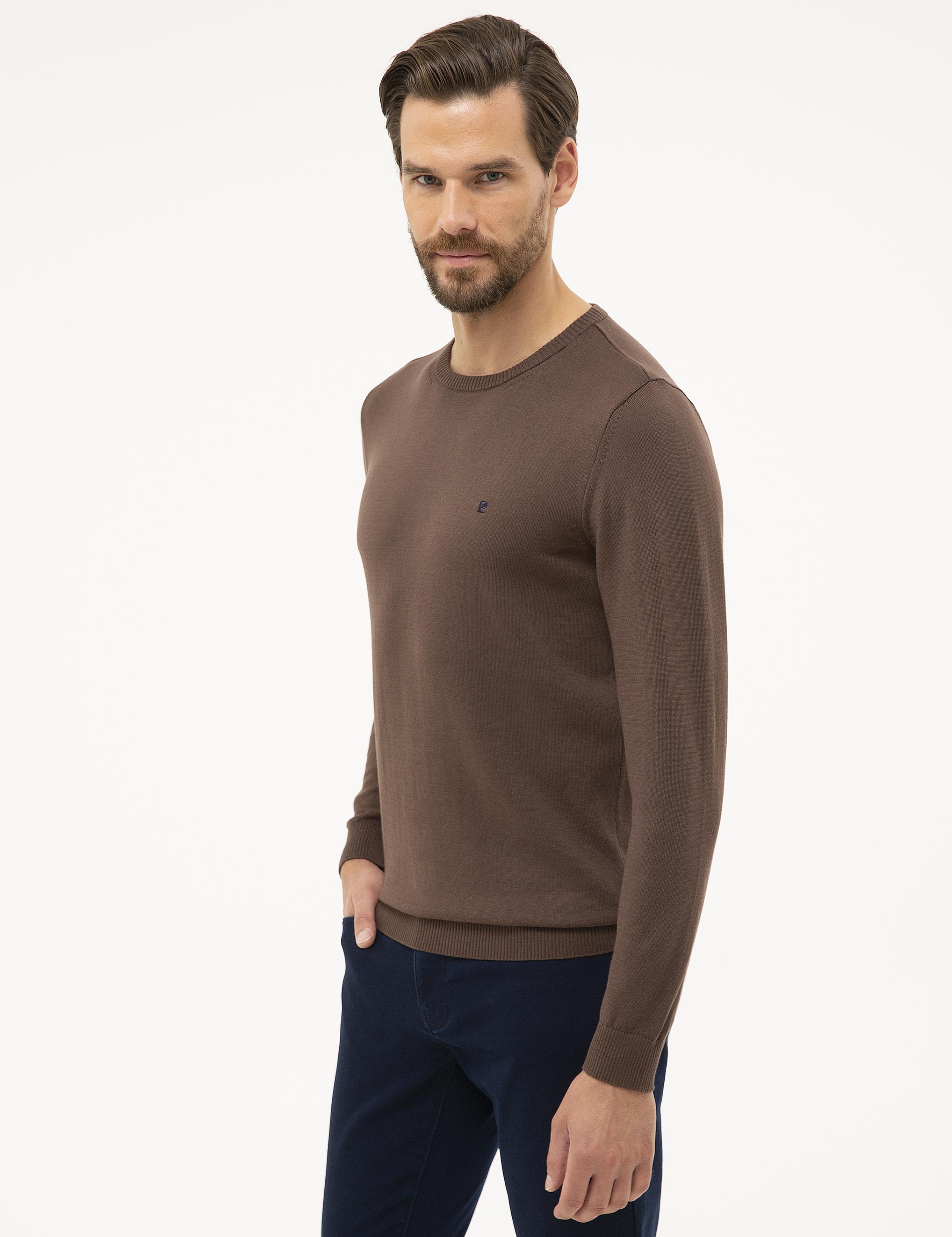 Kahverengi Slim Fit Bisiklet Yaka Basic Triko Kazak