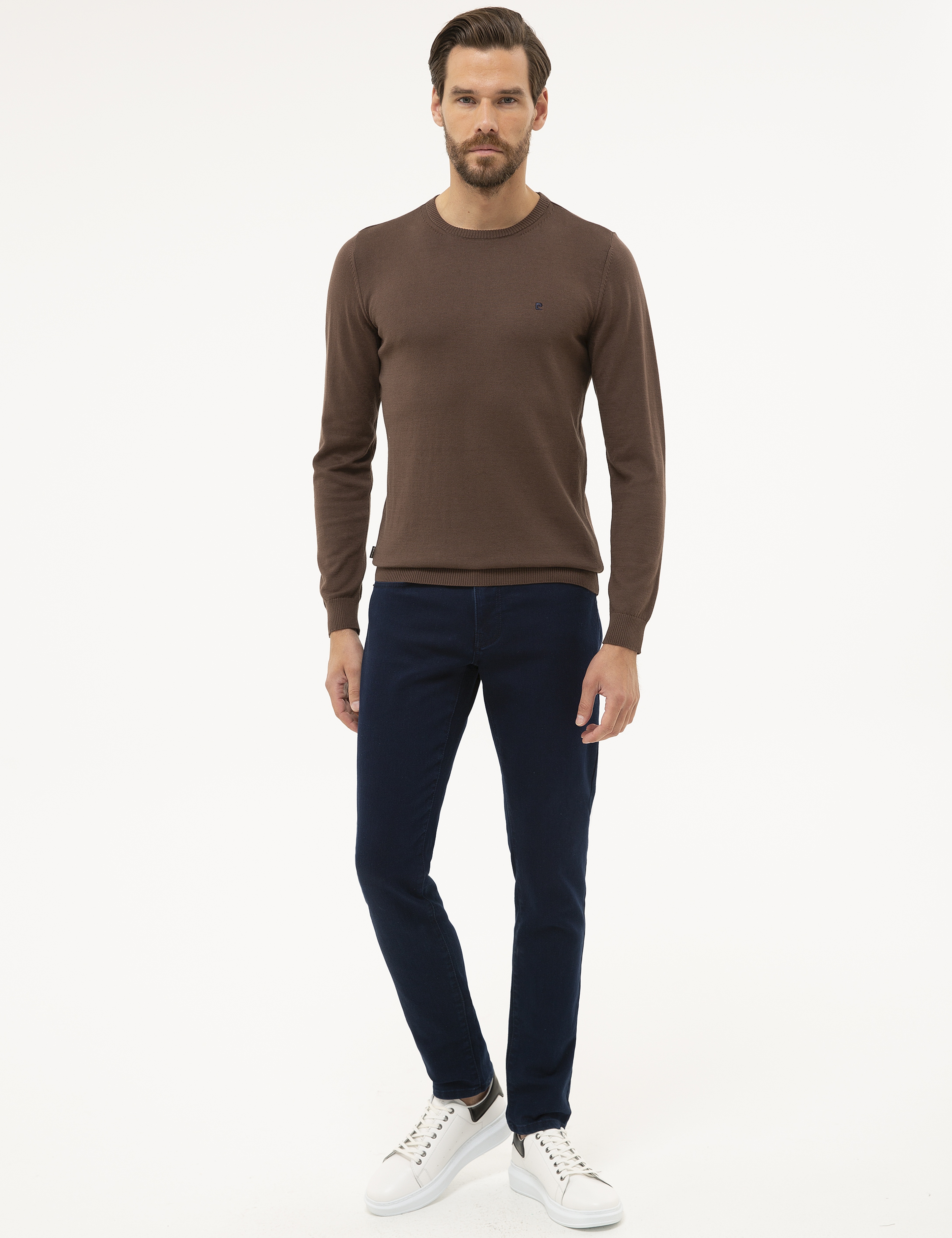 Kahverengi Slim Fit Bisiklet Yaka Basic Triko Kazak