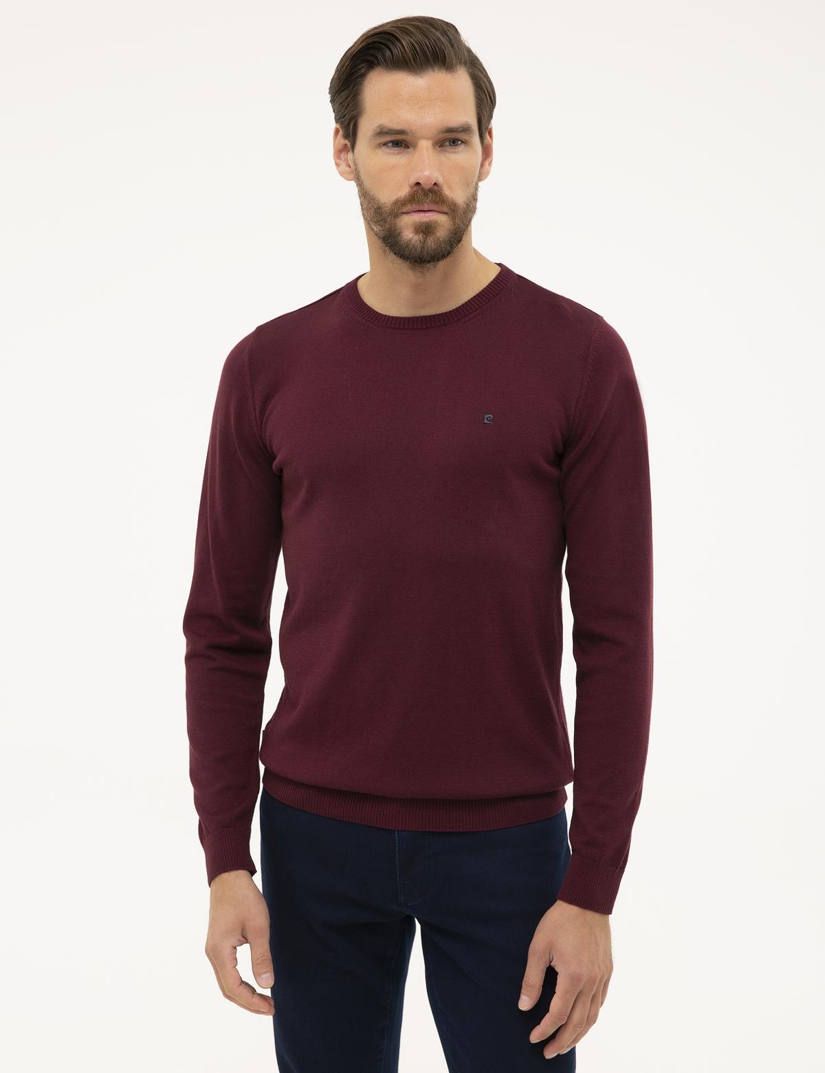 Bordo Slim Fit Bisiklet Yaka Basic Triko Kazak