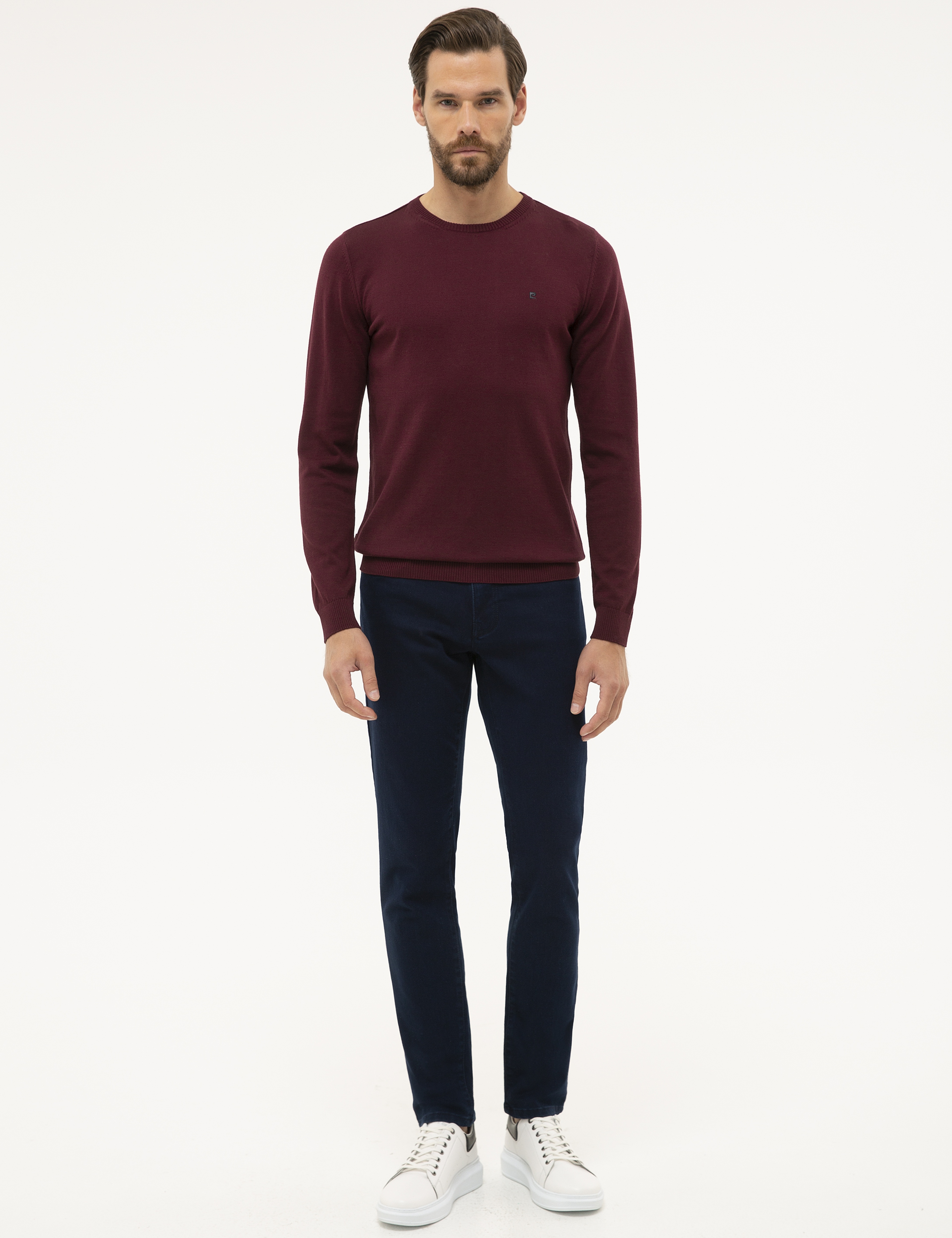 Bordo Slim Fit Bisiklet Yaka Basic Triko Kazak