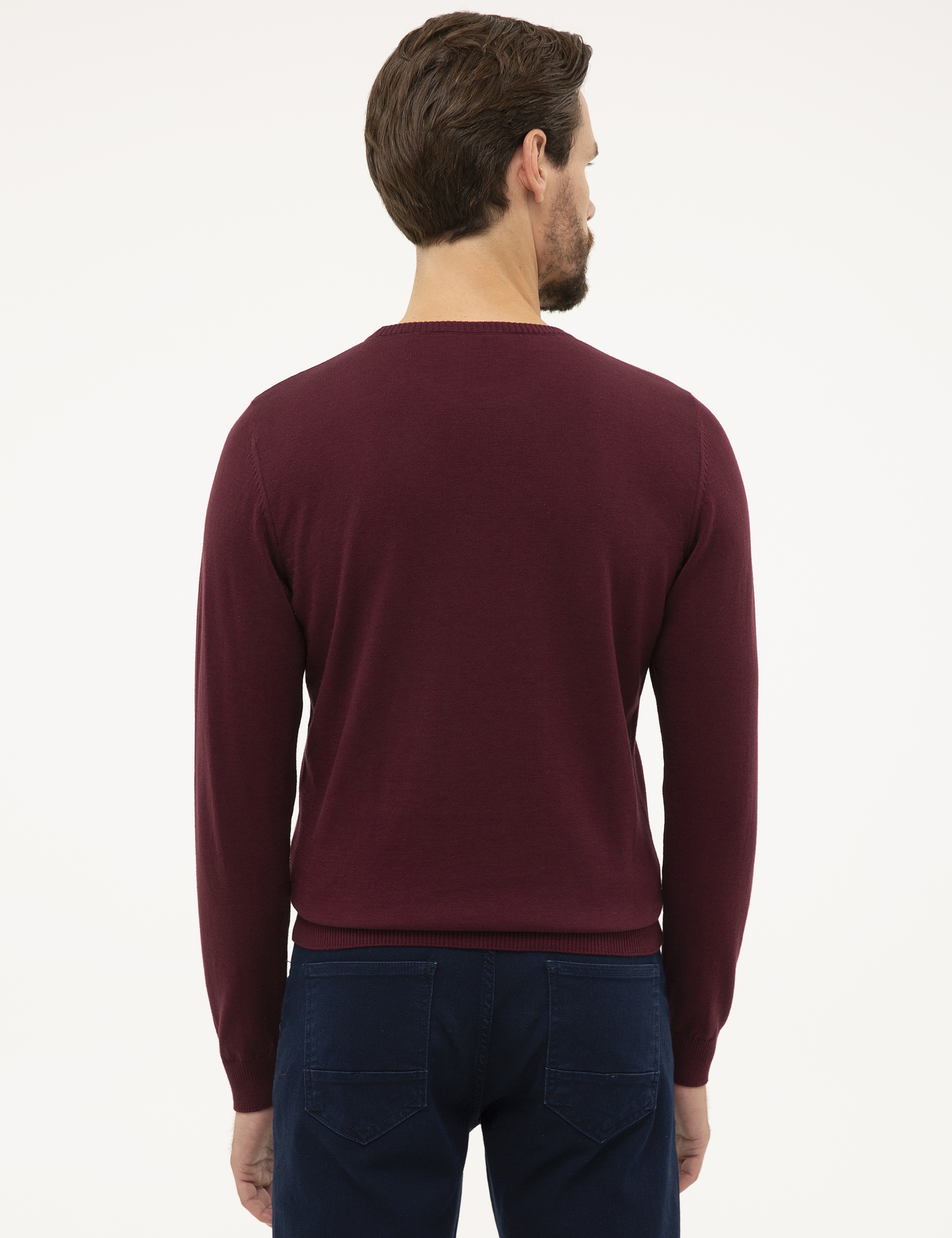 Bordo Slim Fit Bisiklet Yaka Basic Triko Kazak - Image 4