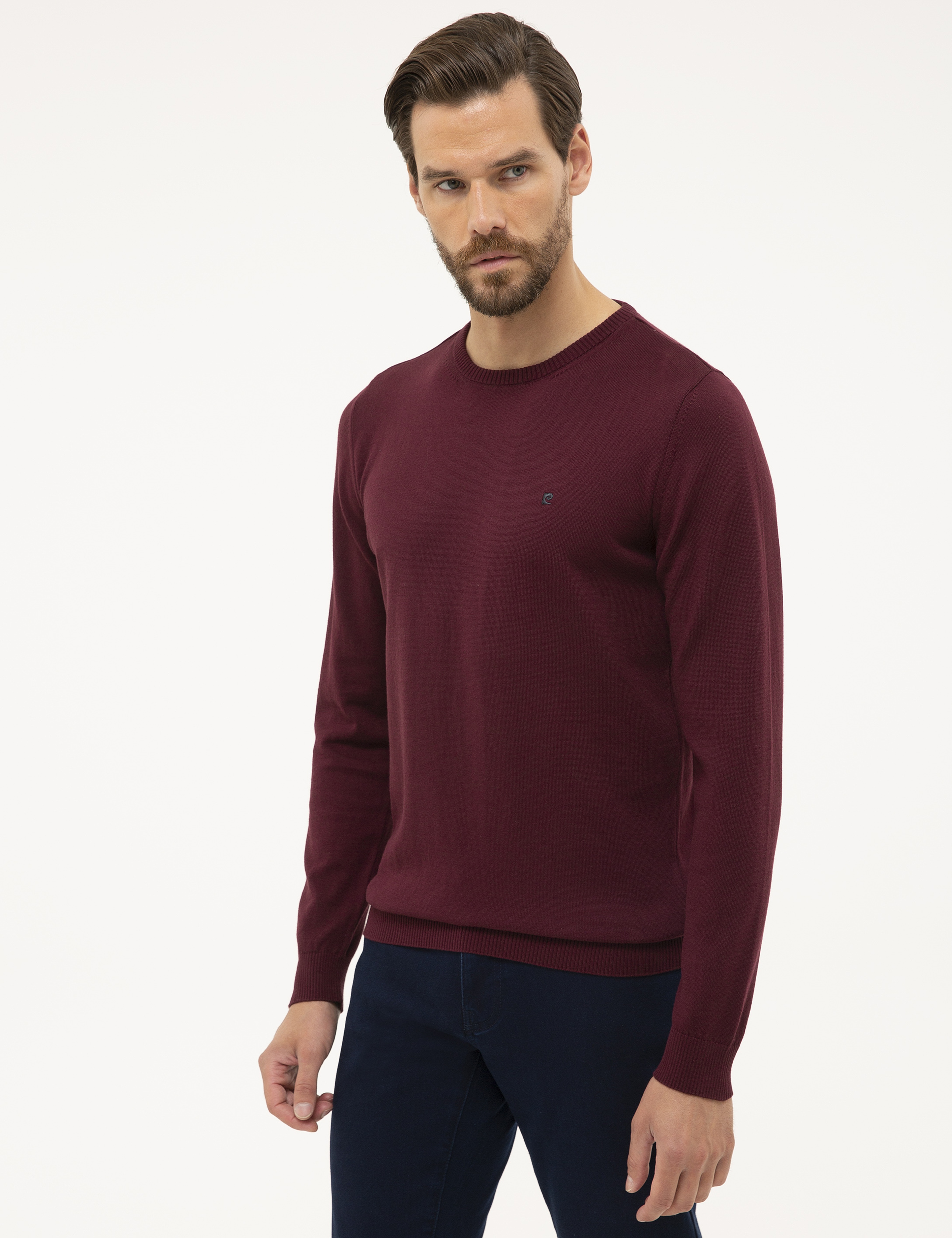Bordo Slim Fit Bisiklet Yaka Basic Triko Kazak - Image 3