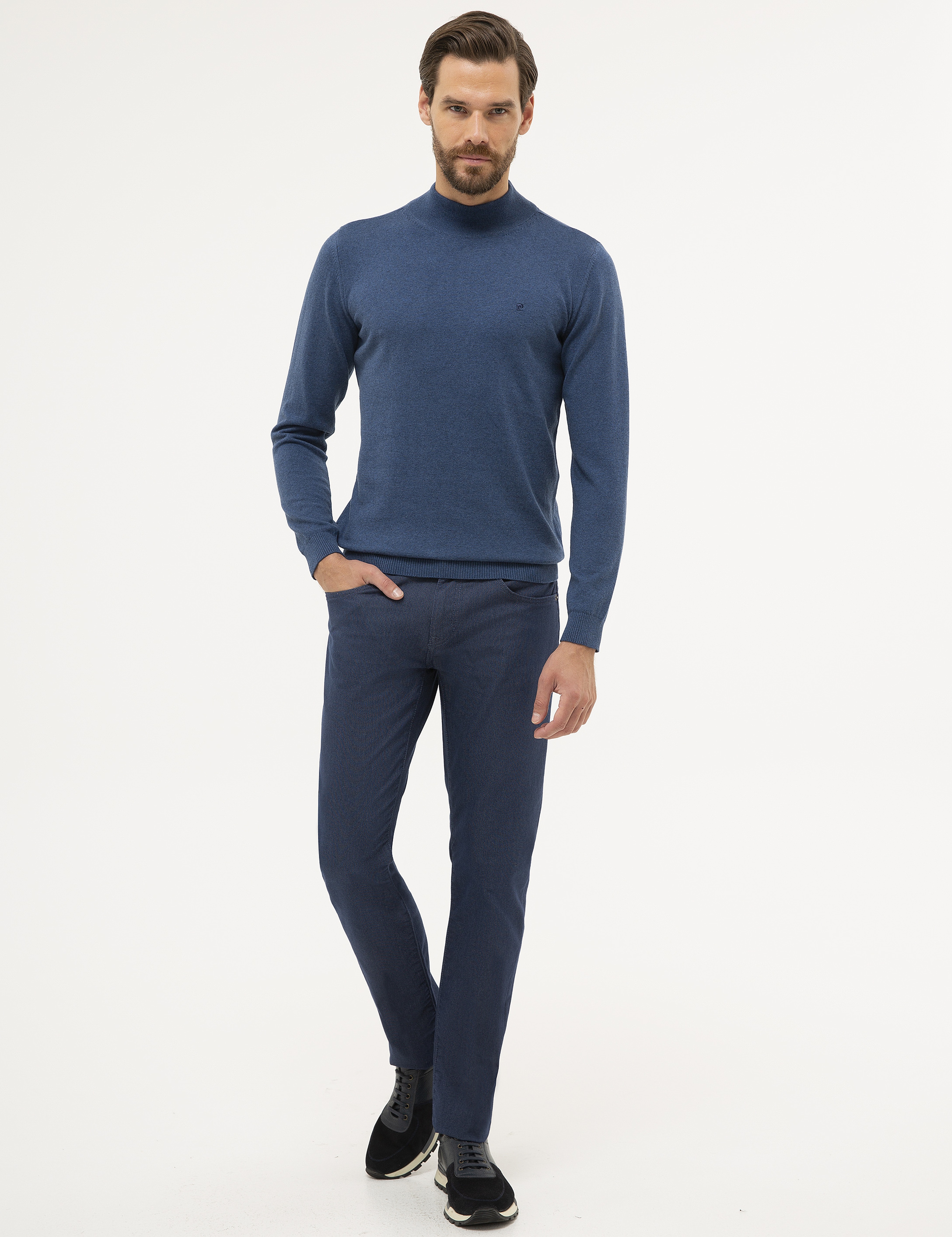 İndigo Mavi Melanj Slim Fit Yarım Balıkçı Yaka Basic Triko Kazak - Image 5
