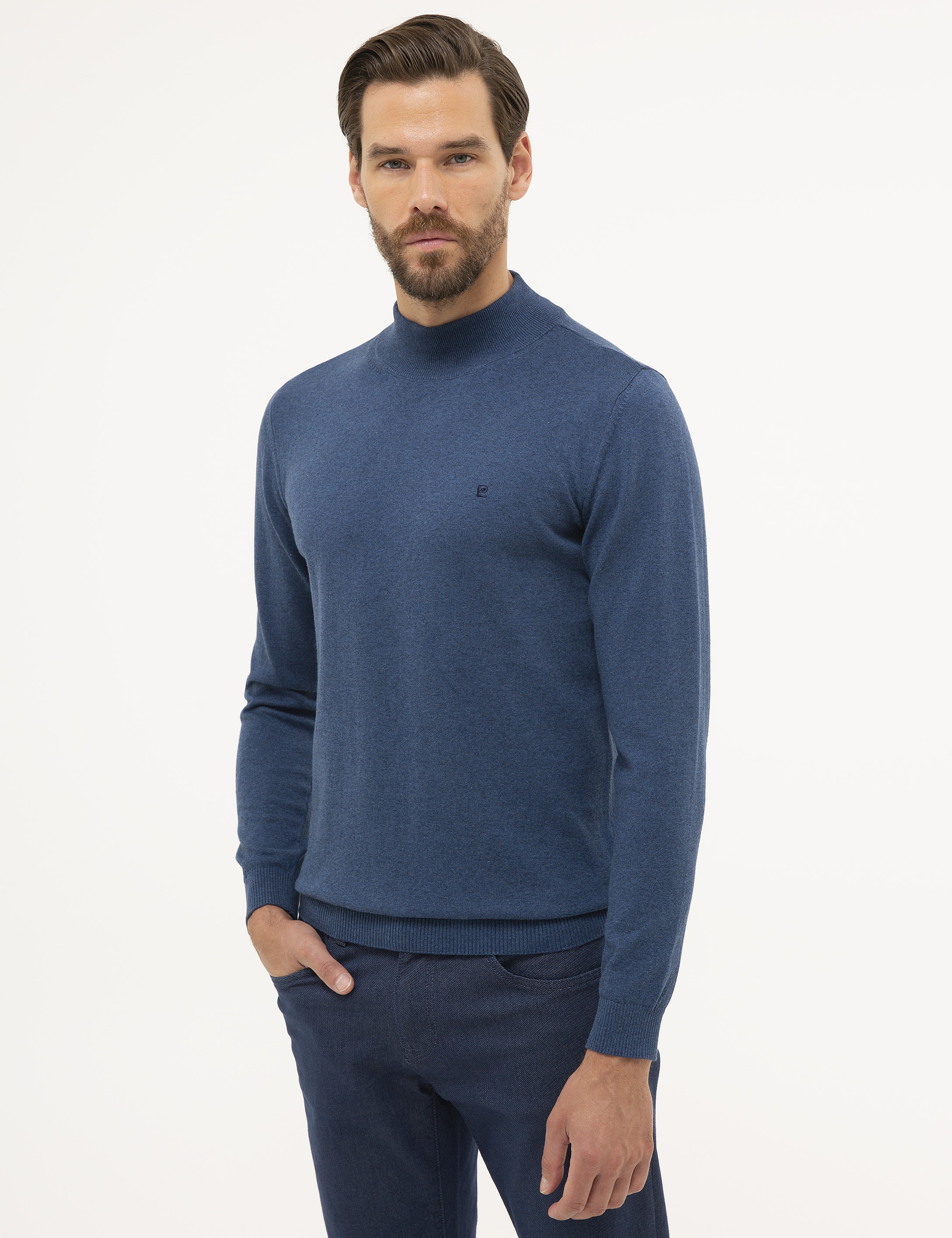 İndigo Mavi Melanj Slim Fit Yarım Balıkçı Yaka Basic Triko Kazak - Image 3