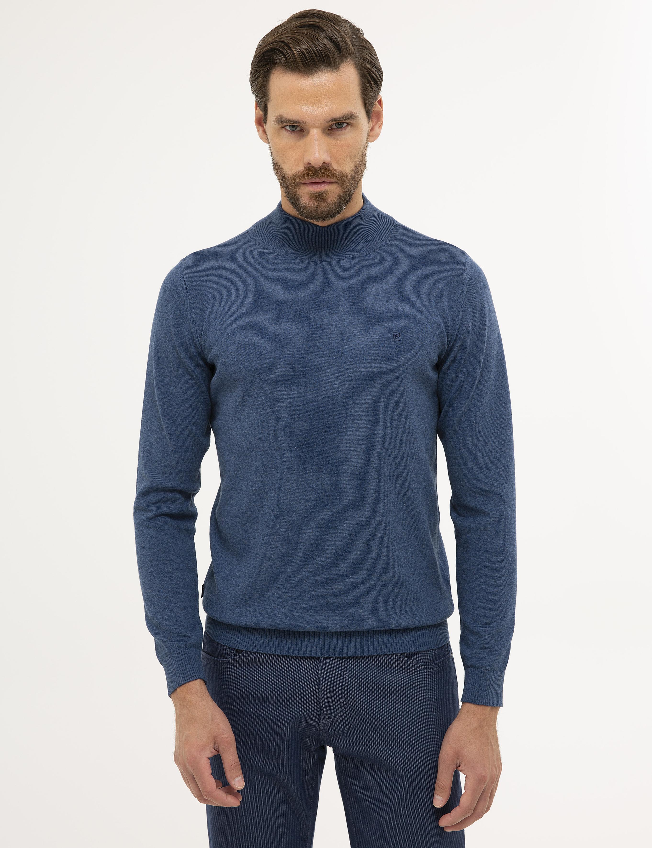 İndigo Mavi Melanj Slim Fit Yarım Balıkçı Yaka Basic Triko Kazak