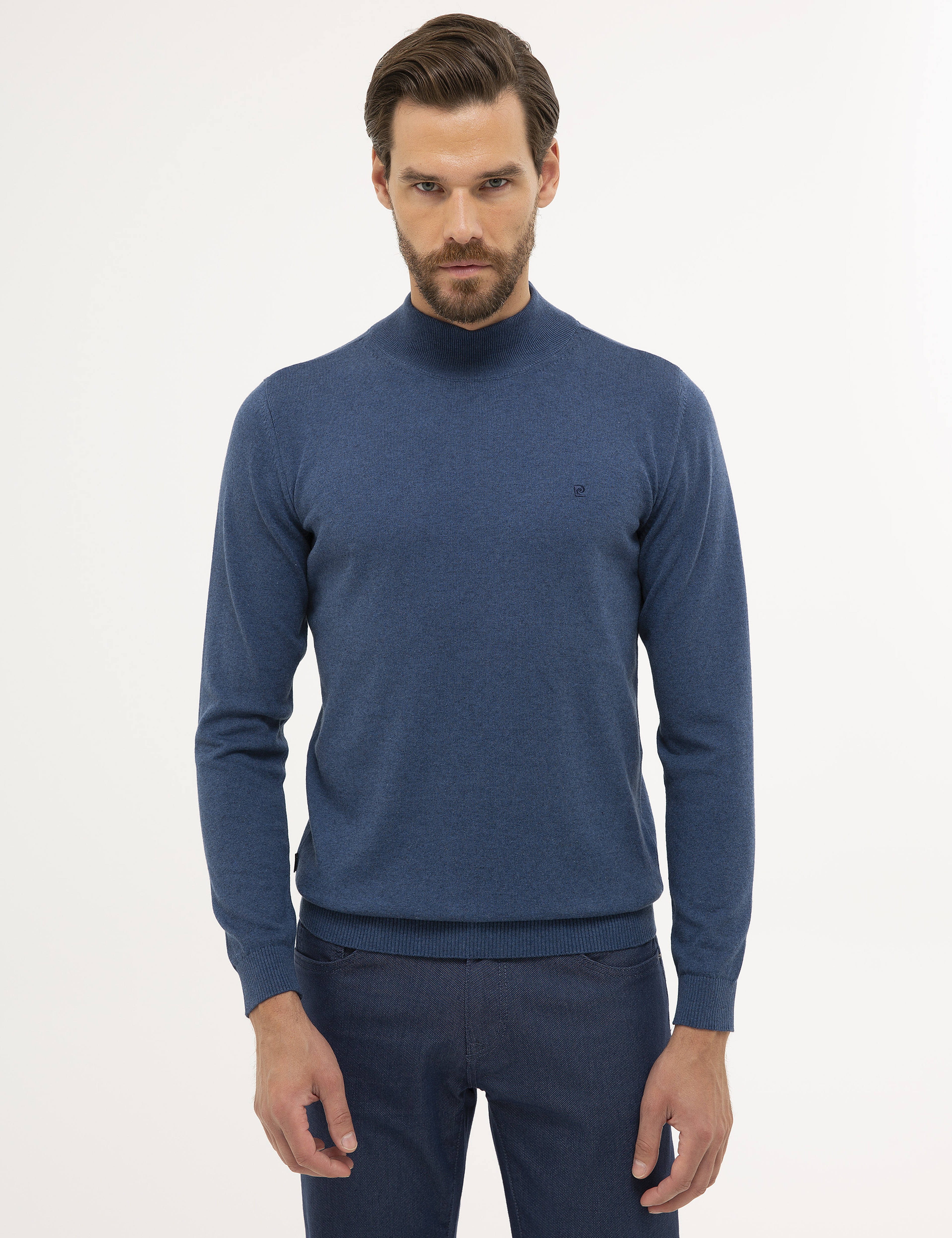İndigo Mavi Melanj Slim Fit Yarım Balıkçı Yaka Basic Triko Kazak - Image 1