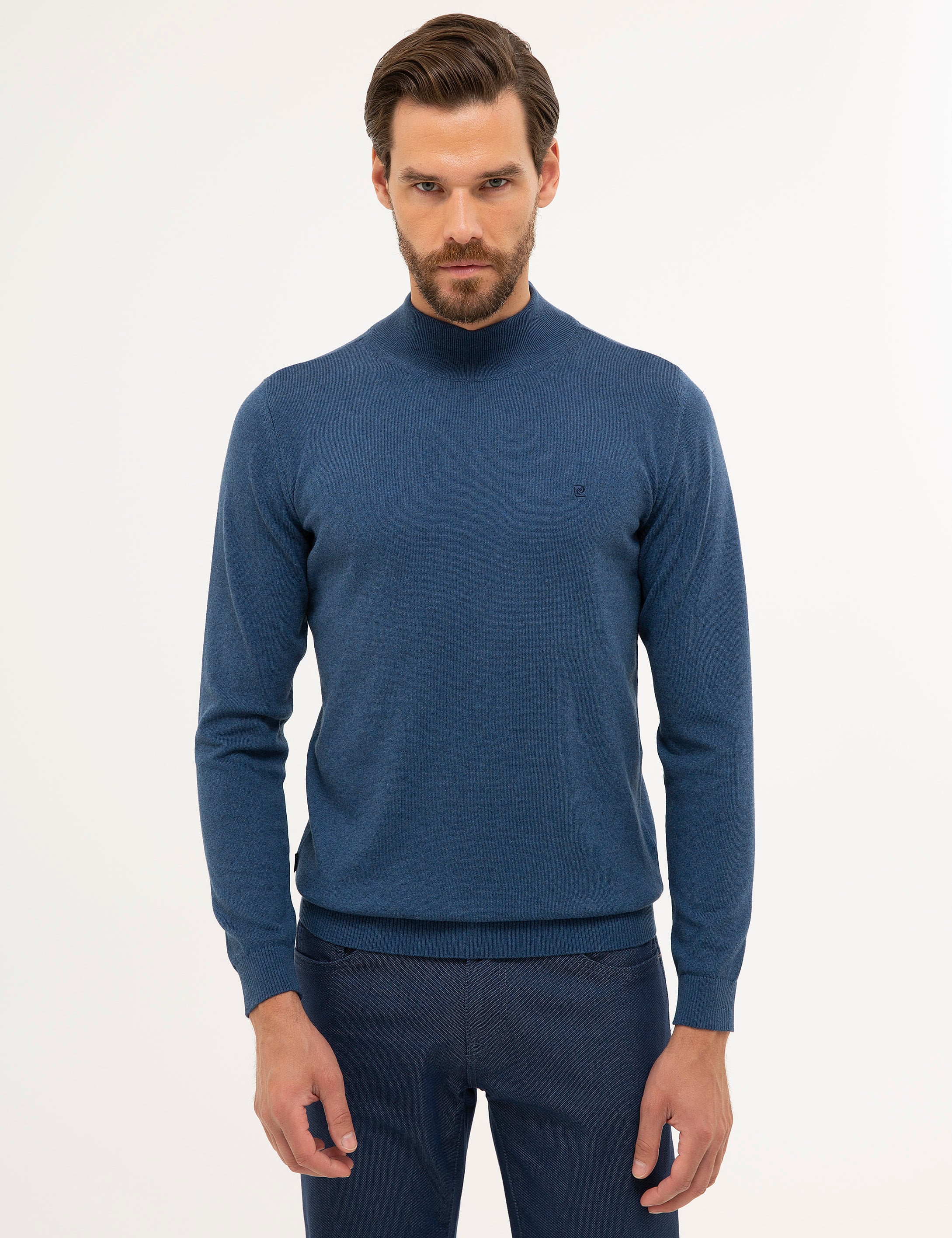 İndigo Mavi Melanj Slim Fit Yarım Balıkçı Yaka Basic Triko Kazak