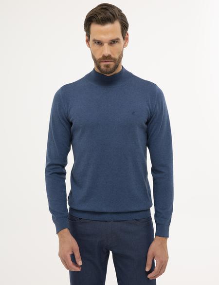 İndigo Mavi Melanj Slim Fit Yarım Balıkçı Yaka Basic Triko Kazak - 50230807071