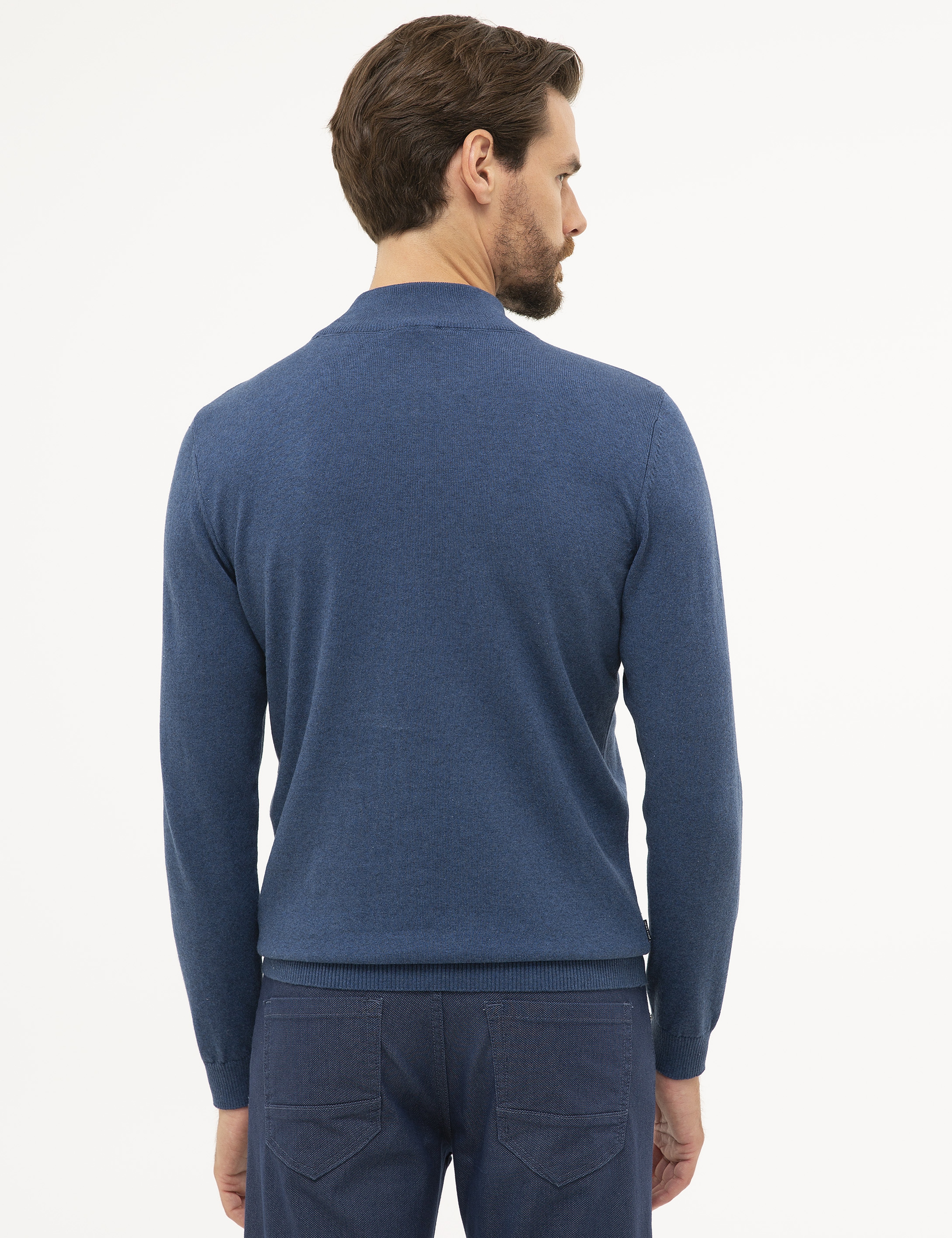 İndigo Mavi Melanj Slim Fit Yarım Balıkçı Yaka Basic Triko Kazak - Image 4