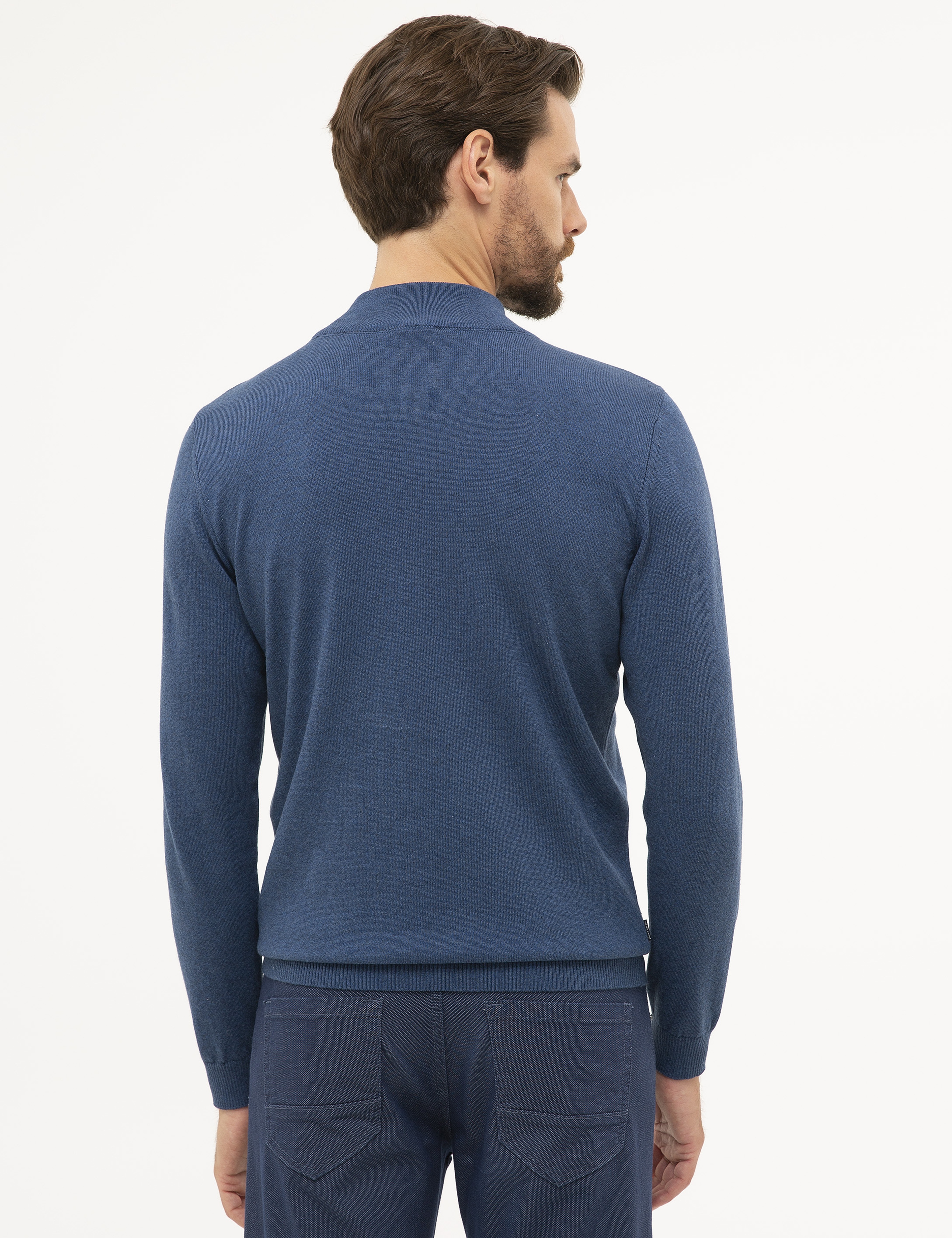 İndigo Mavi Melanj Slim Fit Yarım Balıkçı Yaka Basic Triko Kazak