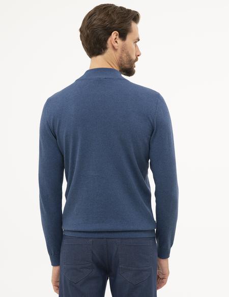 İndigo Mavi Melanj Slim Fit Yarım Balıkçı Yaka Basic Triko Kazak - 50230807071