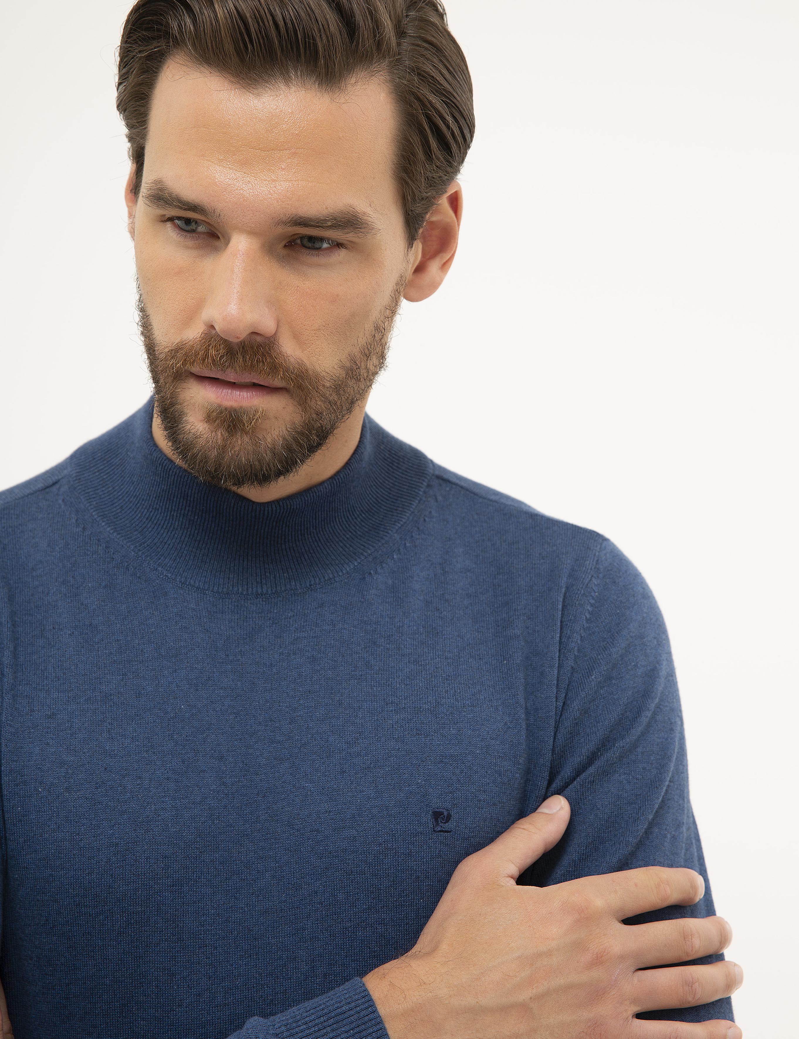 İndigo Mavi Melanj Slim Fit Yarım Balıkçı Yaka Basic Triko Kazak