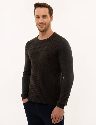 Kahverengi Slim Fit Bisiklet Yaka Triko Kazak