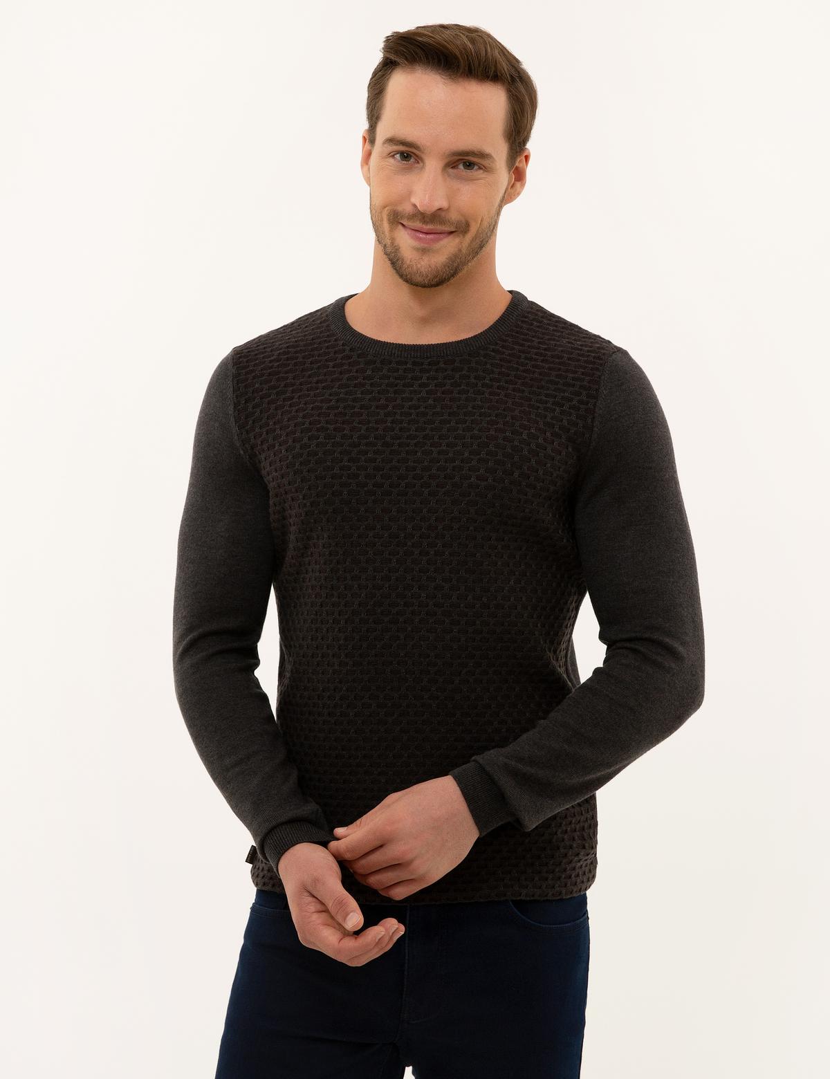 Kahverengi Slim Fit Bisiklet Yaka Triko Kazak