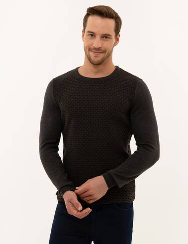 Kahverengi Slim Fit Bisiklet Yaka Triko Kazak