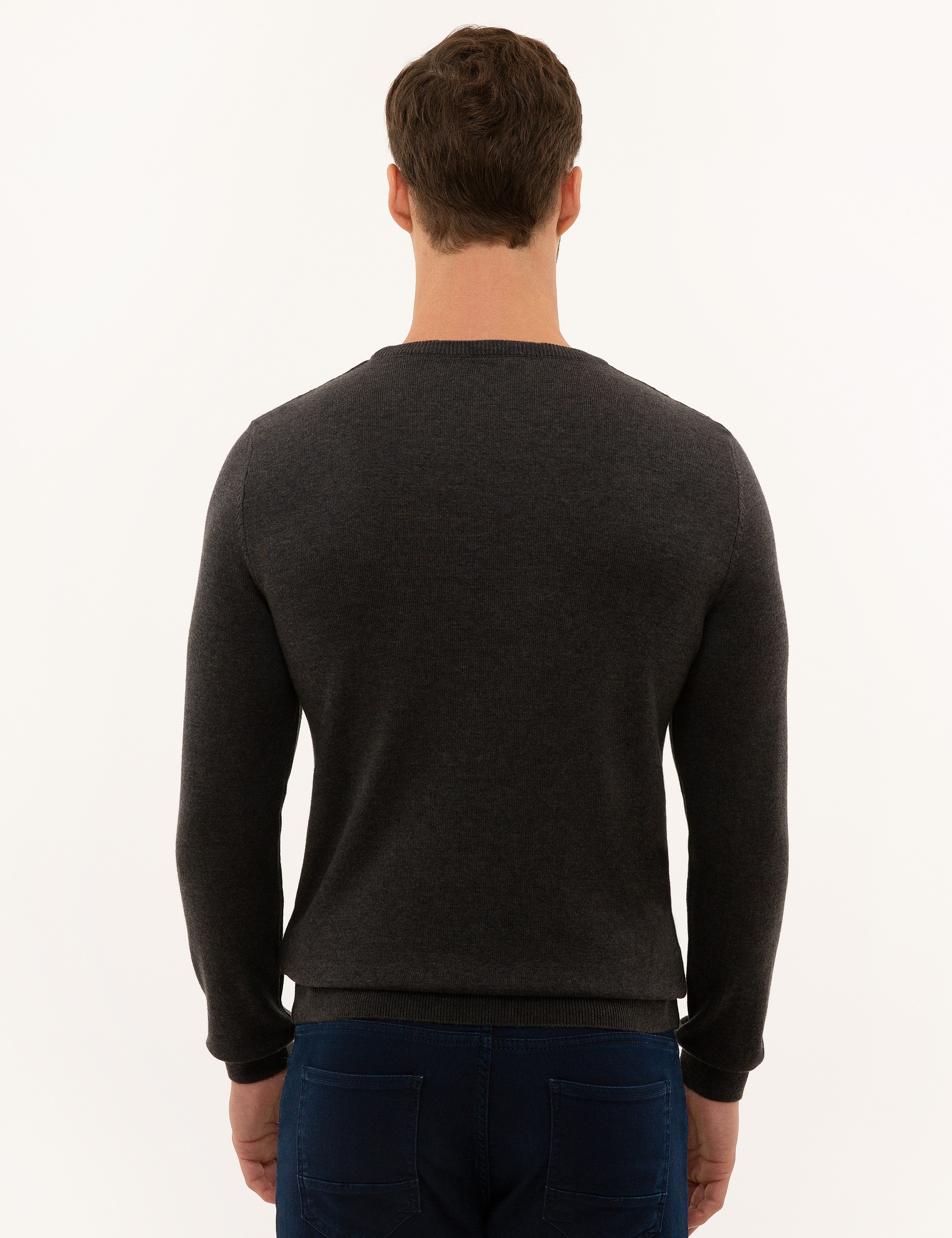 Kahverengi Slim Fit Bisiklet Yaka Triko Kazak - Image 4