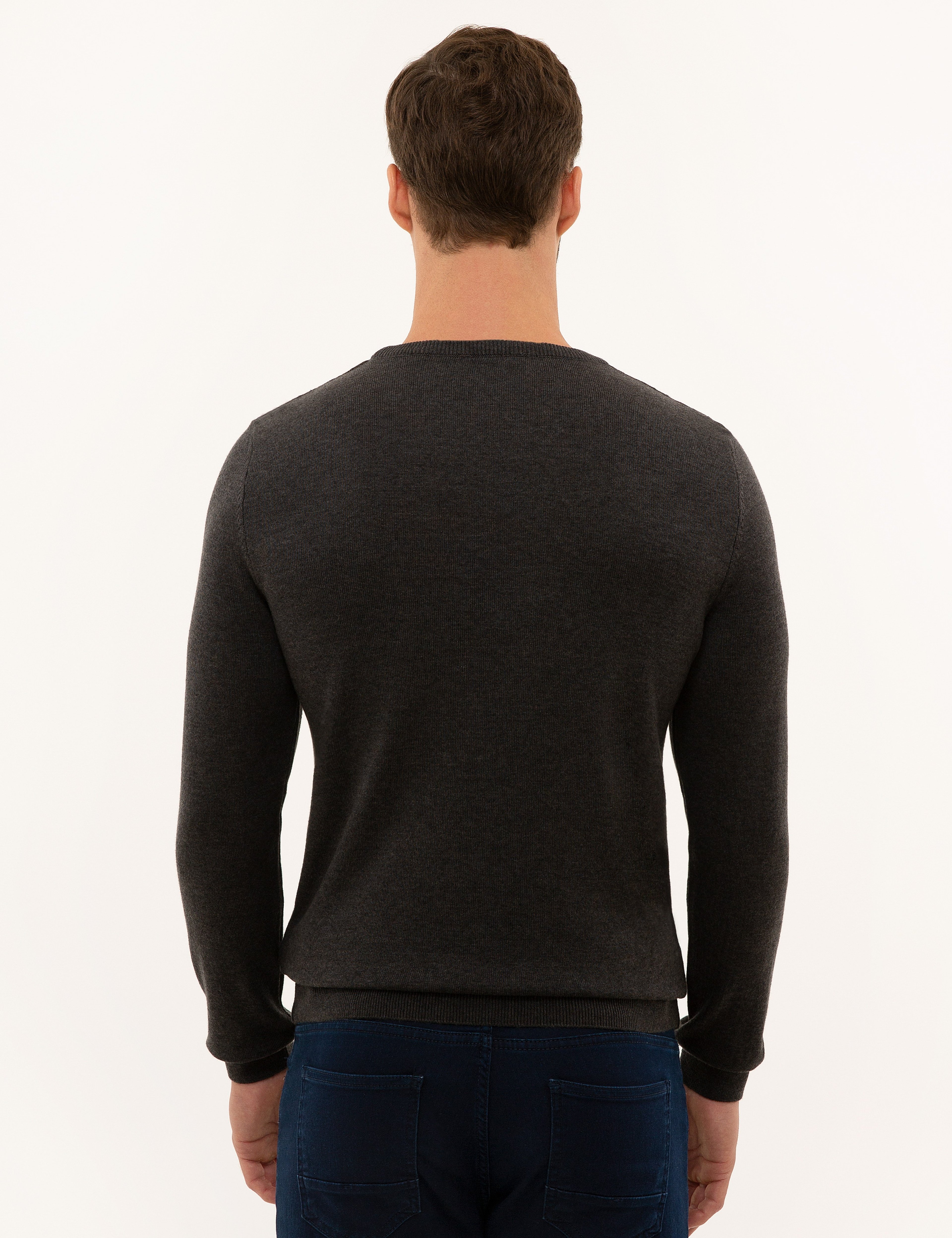 Kahverengi Slim Fit Bisiklet Yaka Triko Kazak