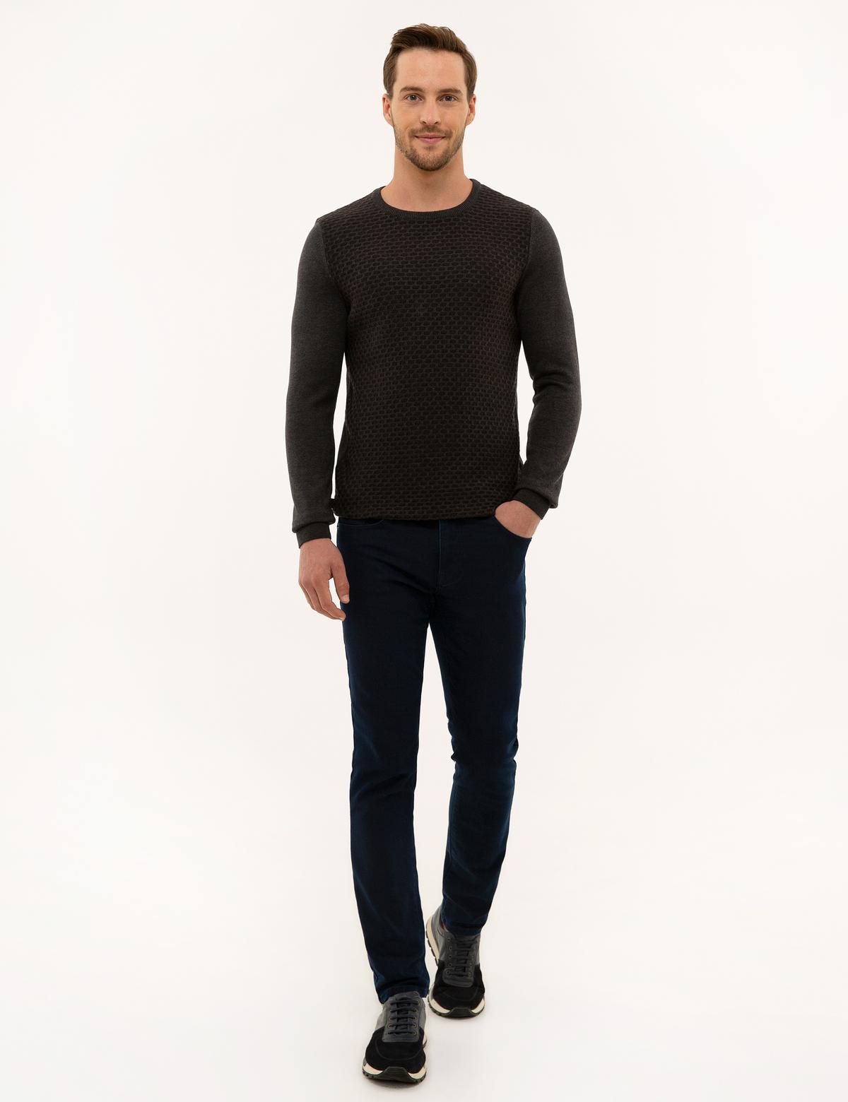 Kahverengi Slim Fit Bisiklet Yaka Triko Kazak - 50230163007