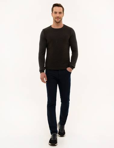 Kahverengi Slim Fit Bisiklet Yaka Triko Kazak