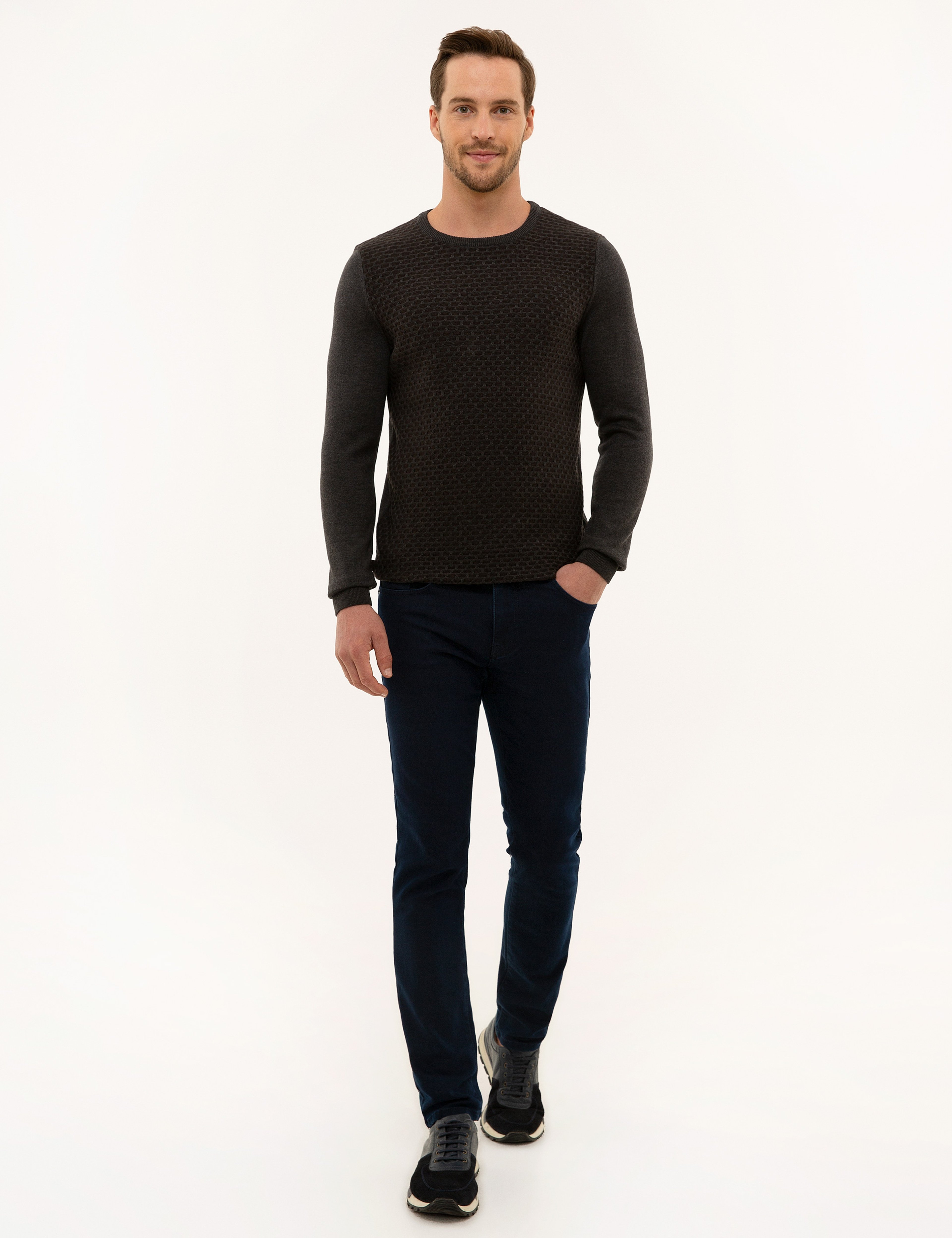 Kahverengi Slim Fit Bisiklet Yaka Triko Kazak - Image 5