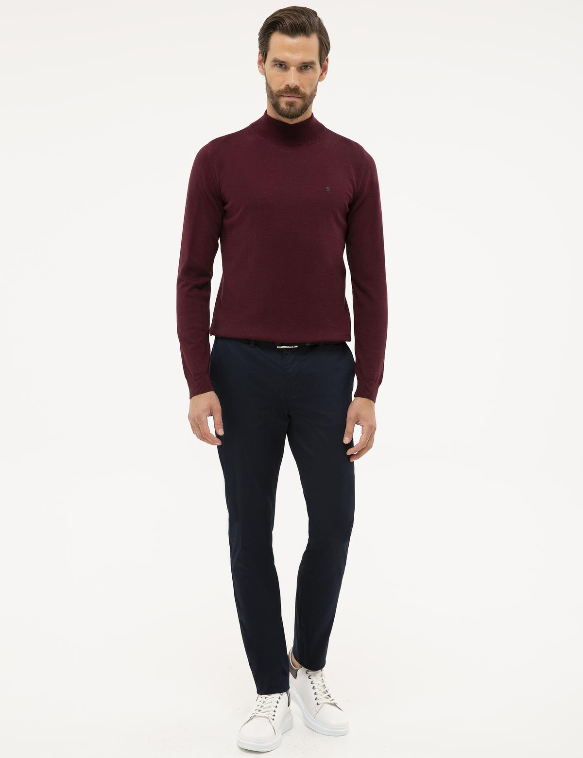 Bordo Slim Fit Yarım Balıkçı Yaka Basic Triko Kazak - 50230807021