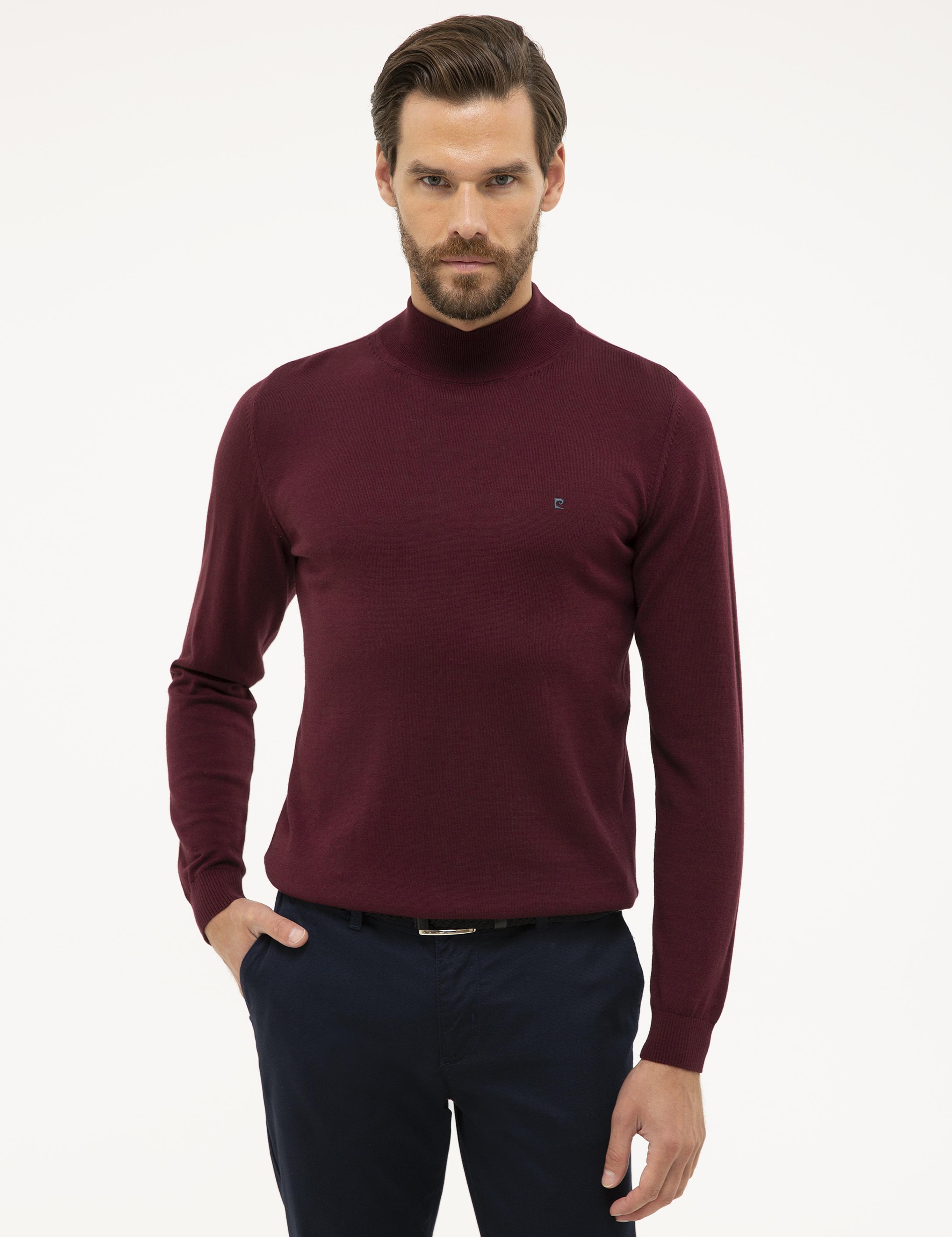 Bordo Slim Fit Yarım Balıkçı Yaka Basic Triko Kazak