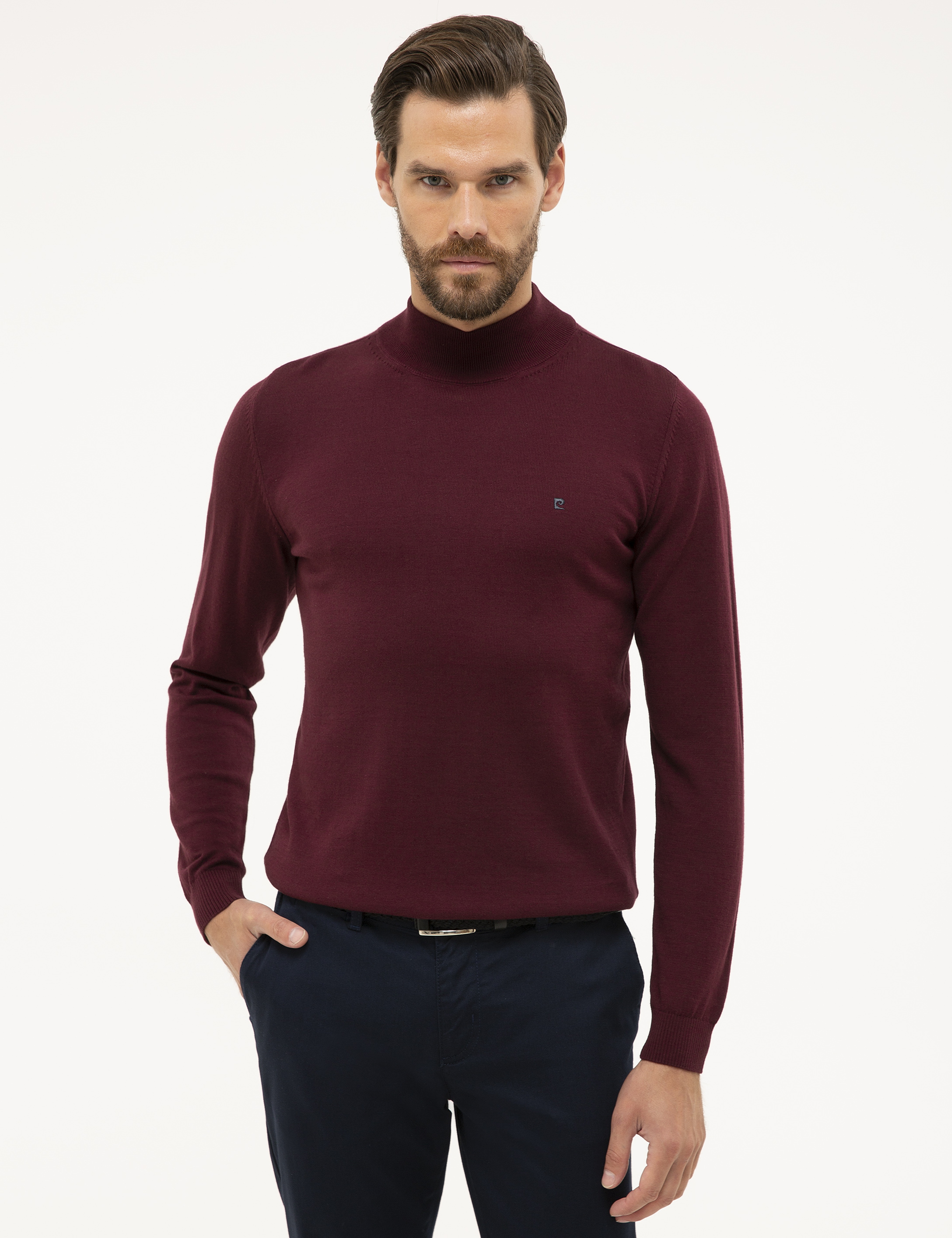 Bordo Slim Fit Yarım Balıkçı Yaka Basic Triko Kazak - Image 1