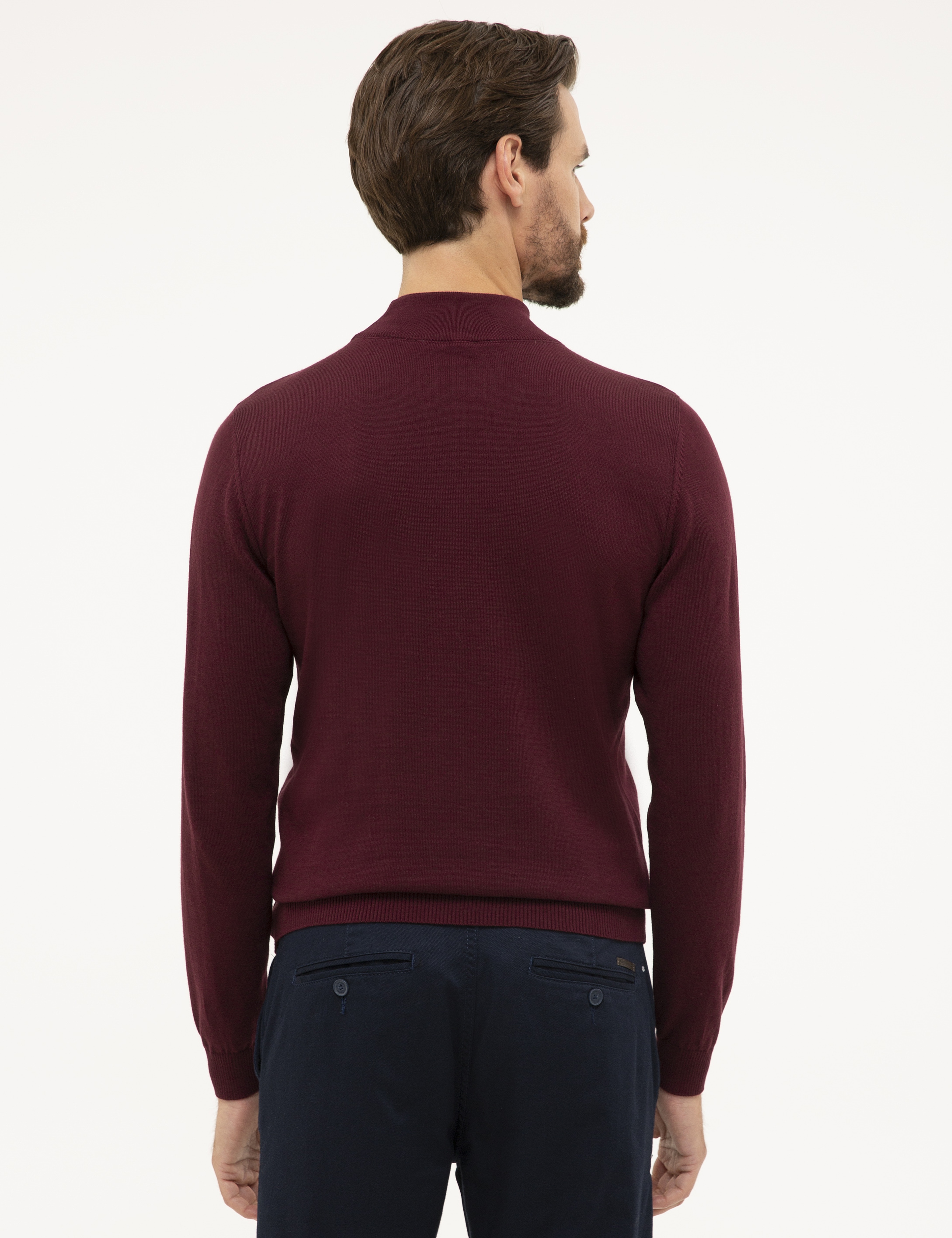 Bordo Slim Fit Yarım Balıkçı Yaka Basic Triko Kazak - Image 4