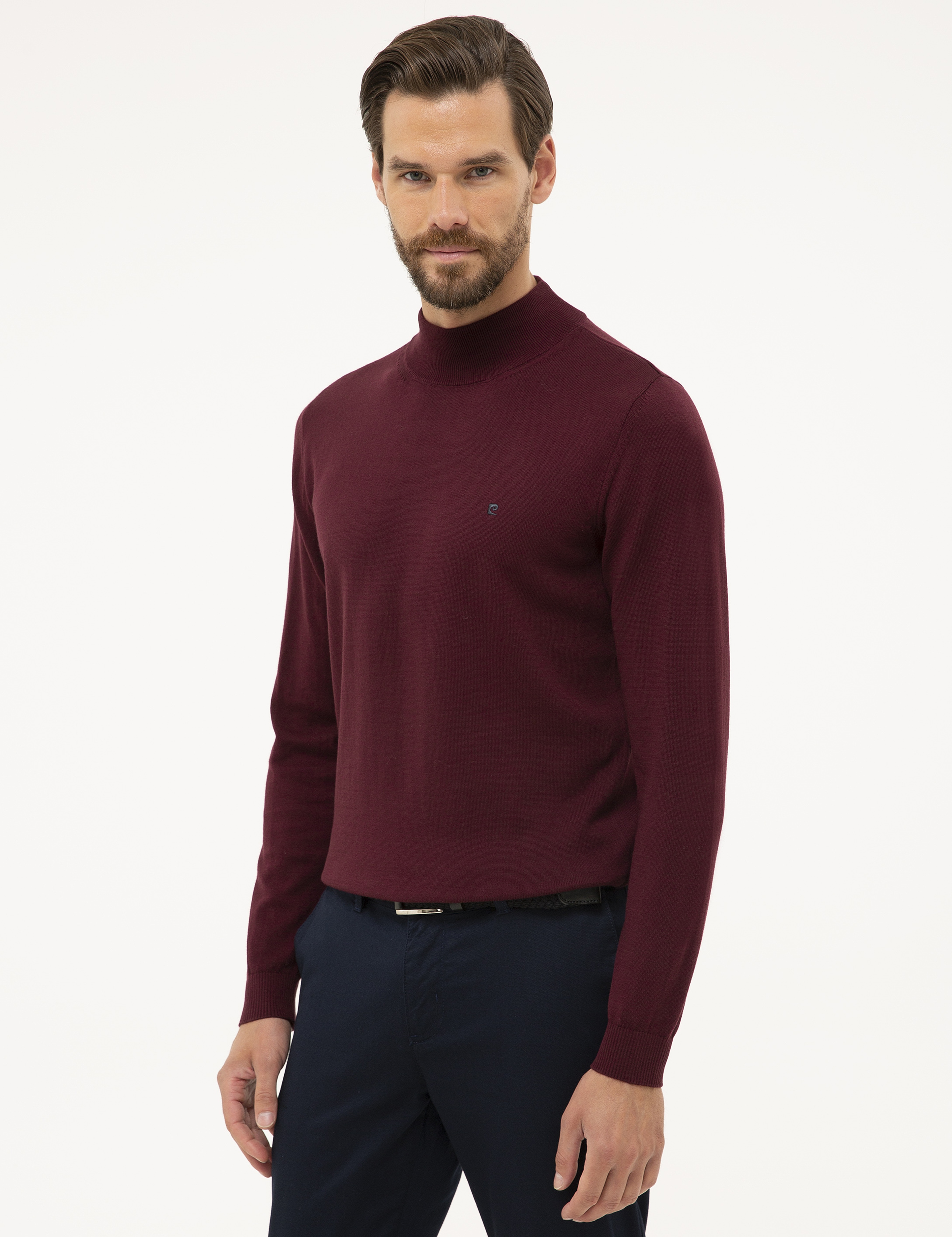 Bordo Slim Fit Yarım Balıkçı Yaka Basic Triko Kazak - Image 3
